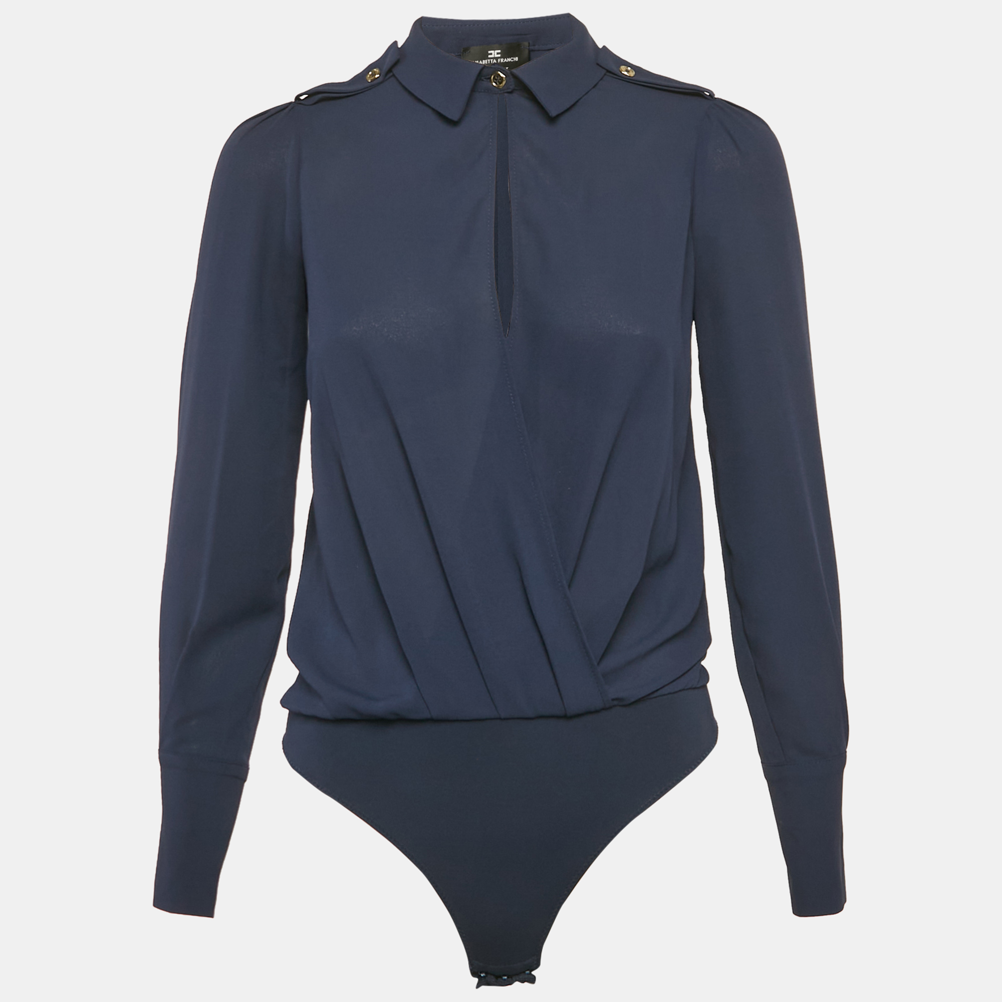 

Elisabetta Franchi Navy Blue Chiffon Plunging Neck Bodysuit S