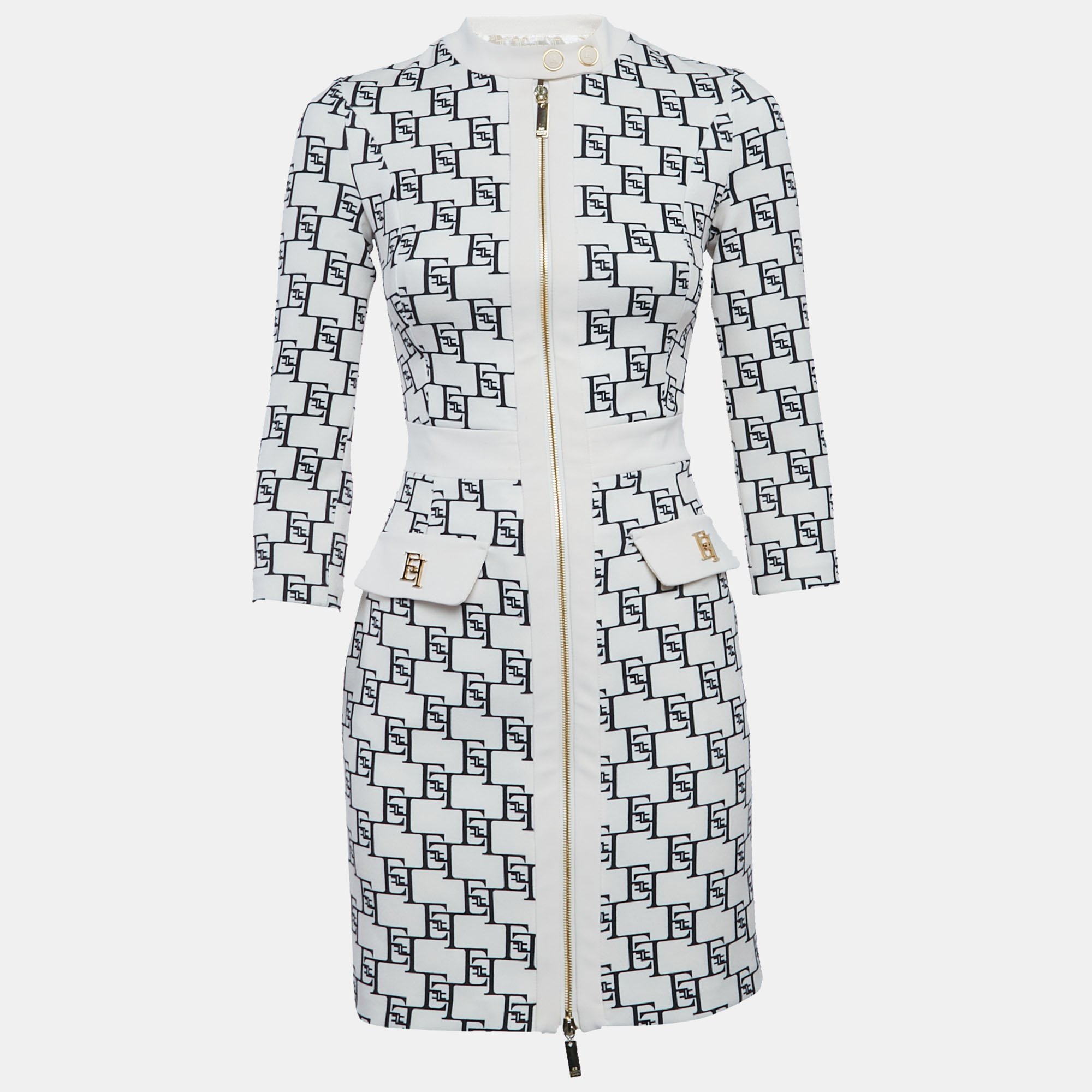 

Elisabetta Franchi Cream Logo Print Stretch Crepe Bodycon Dress S