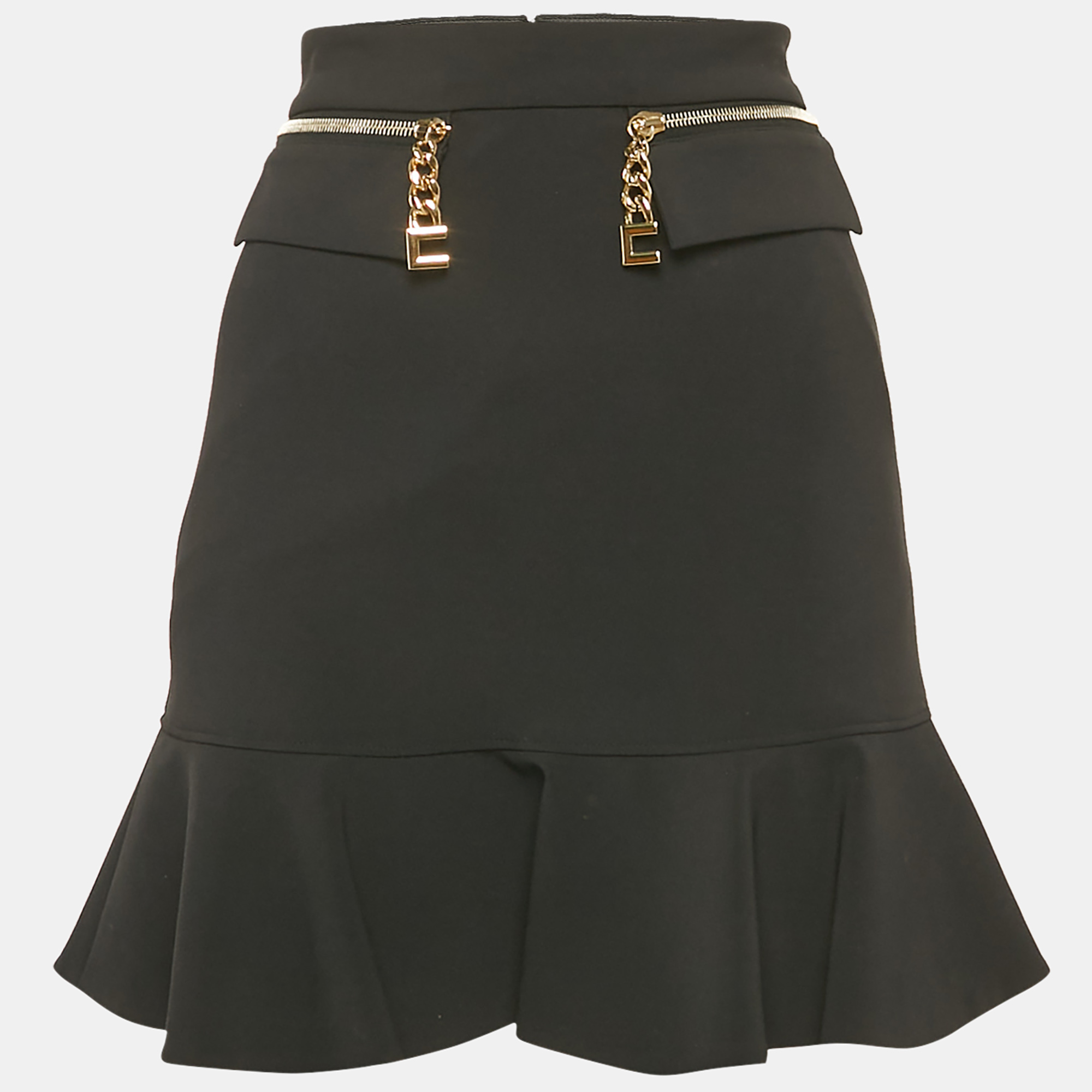 

Elisabetta Franchi Black Zipper Detail Crepe Flounce Mini Skirt S