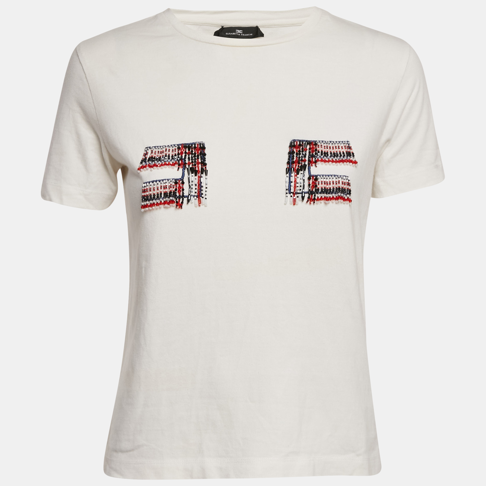 

Elisabetta Franchi White Beaded Jersey Crewneck T-Shirt S