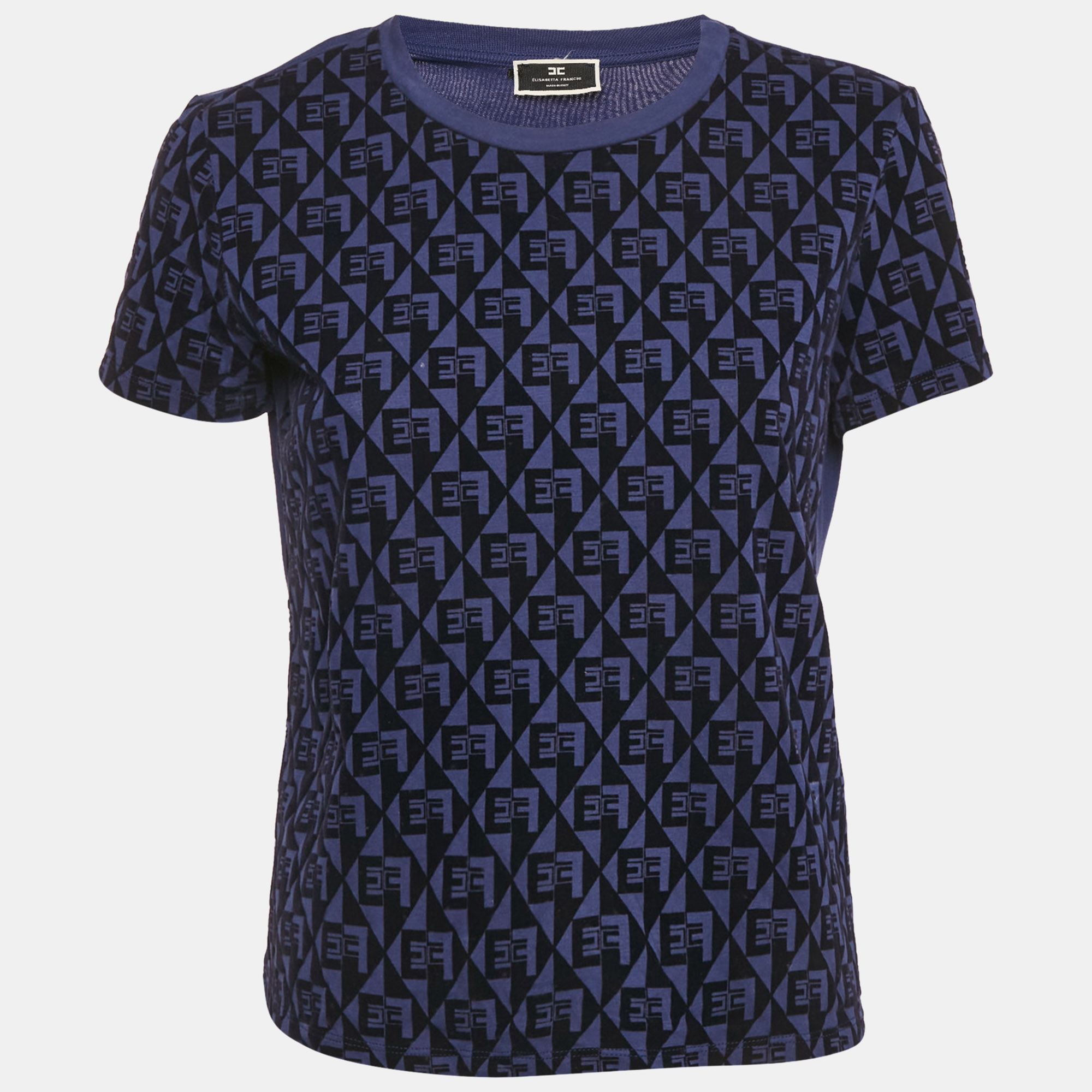 

Elisabetta Franchi Blue Monogram Flocked Jersey T-Shirt S