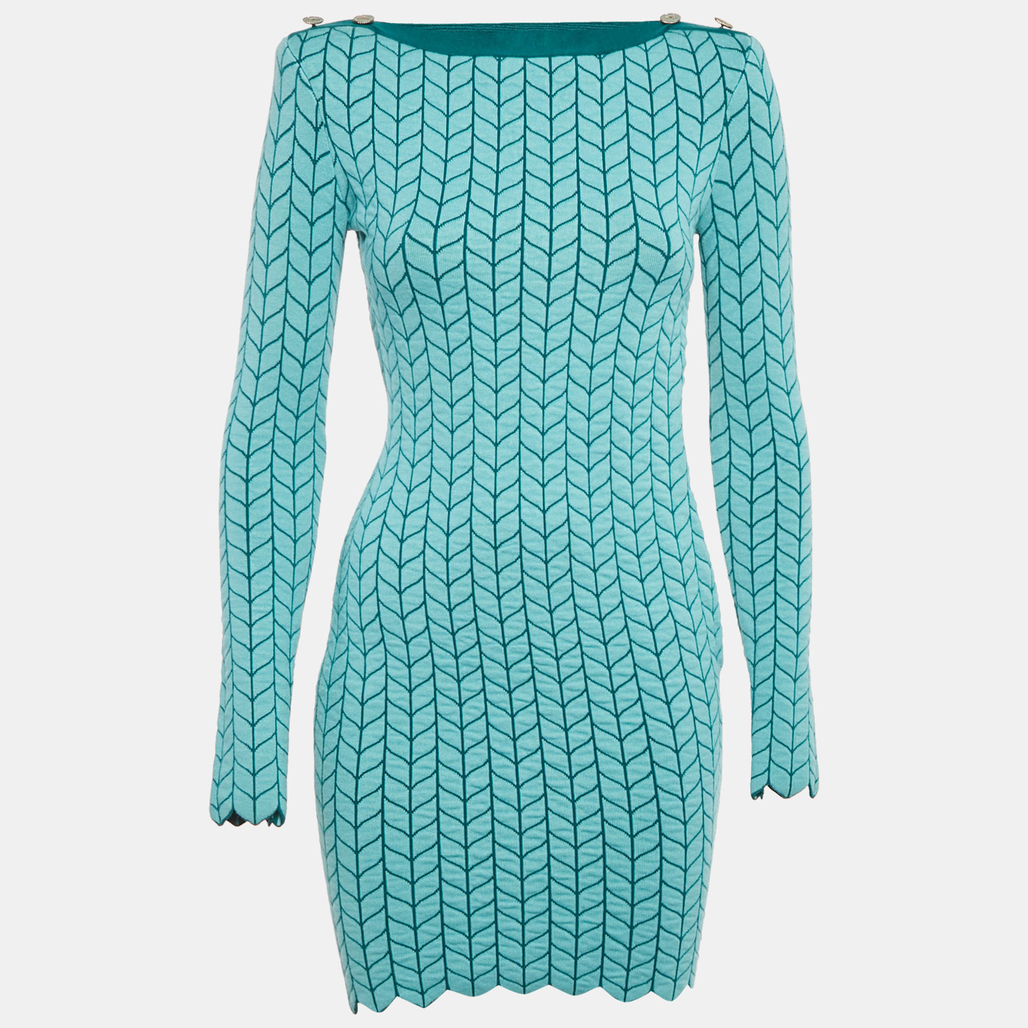 

Elisabetta Franchi Blue Patterned Stretch Knit Scallop Hem Bodycon Dress S