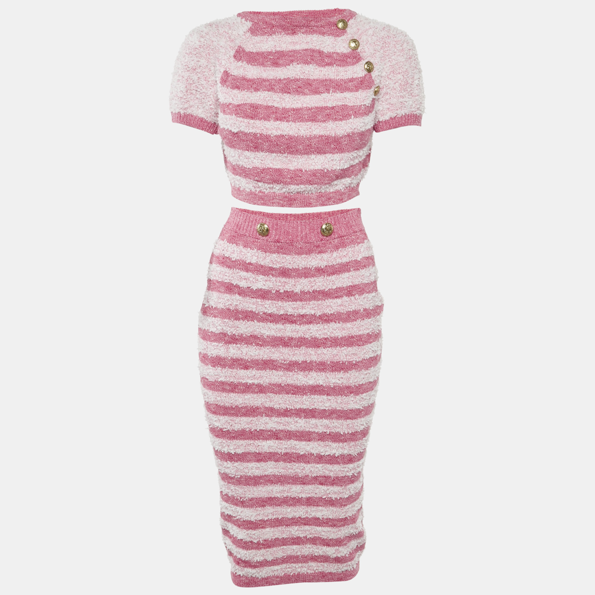 Pre-owned Elisabetta Franchi Pink Textured Stretch Knit Crop Top And Skirt Set M