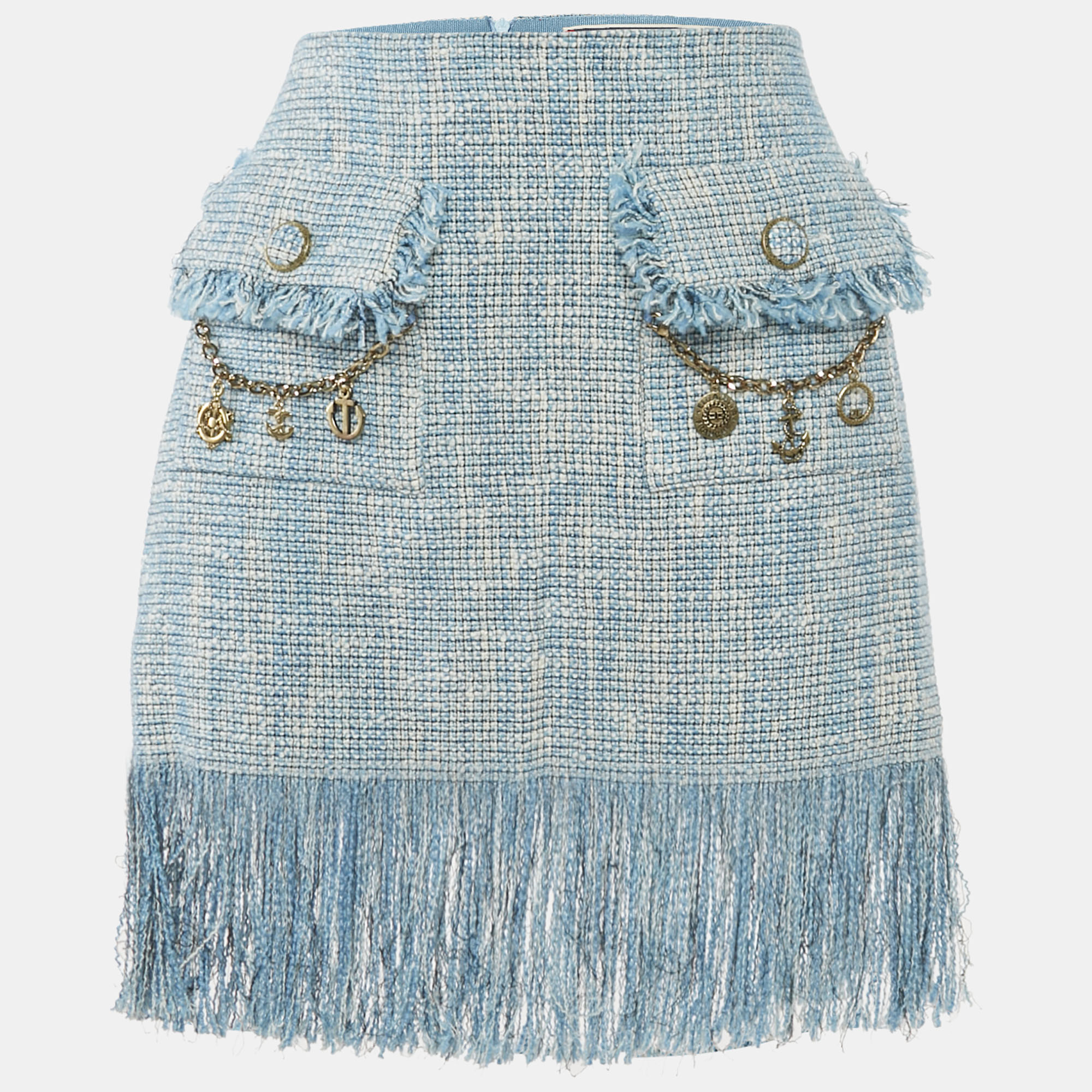 Pre-owned Elisabetta Franchi Blue Charm Detail Tweed Fringed Mini Skirt M