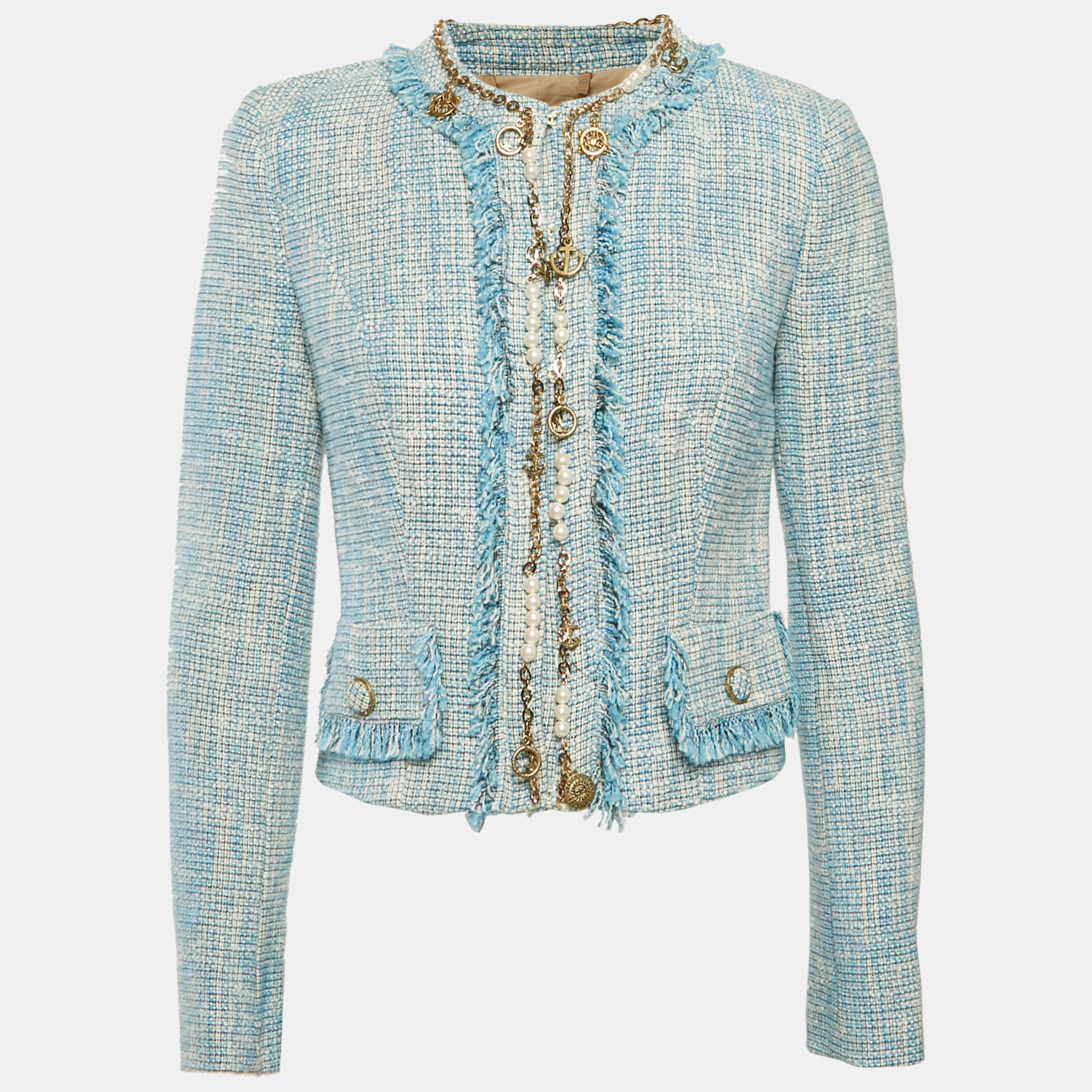 

Elisabetta Franchi Blue Tweed Charms Embellished Jacket M