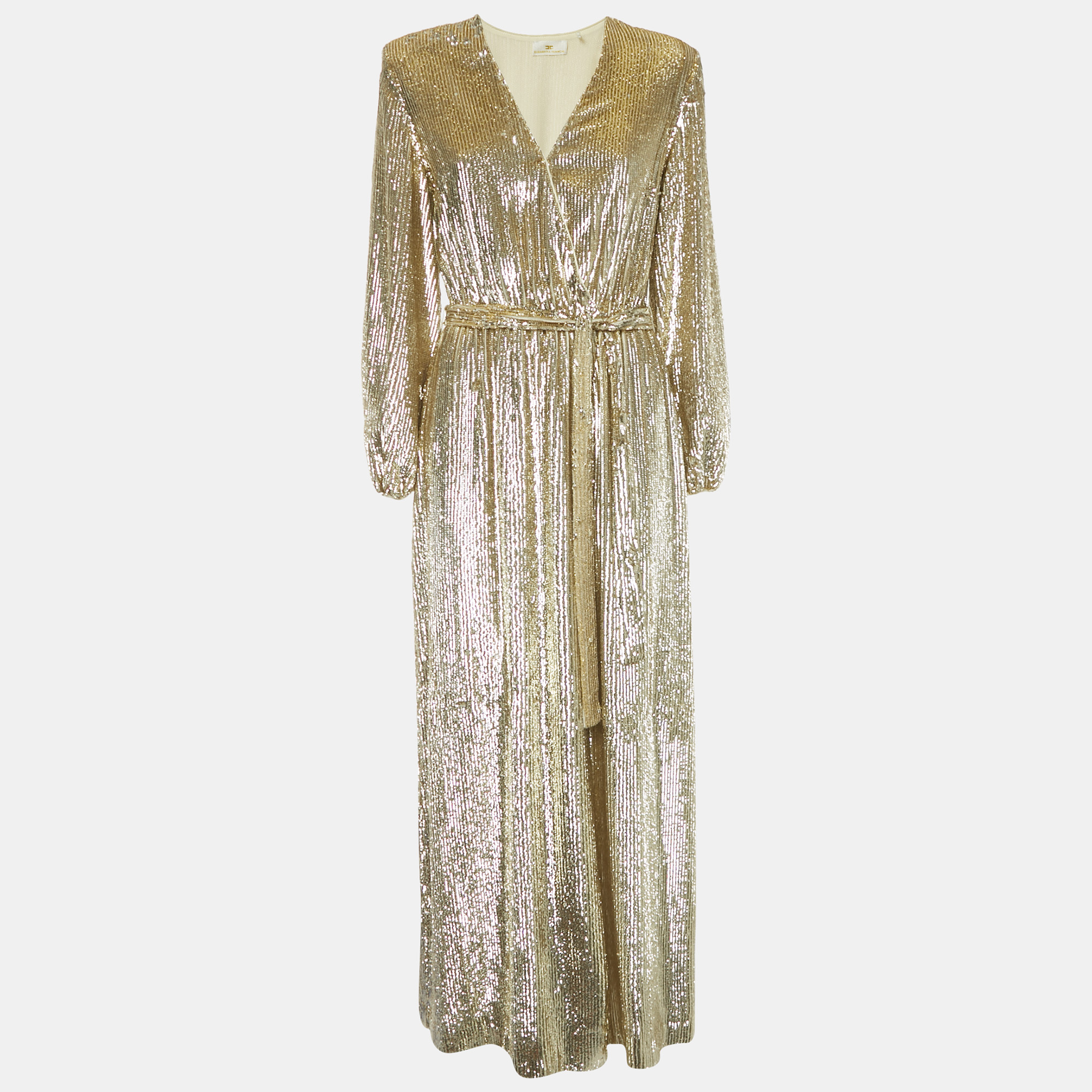Pre-owned Elisabetta Franchi Gold Sequin Belted Wrap Maxi Dress M