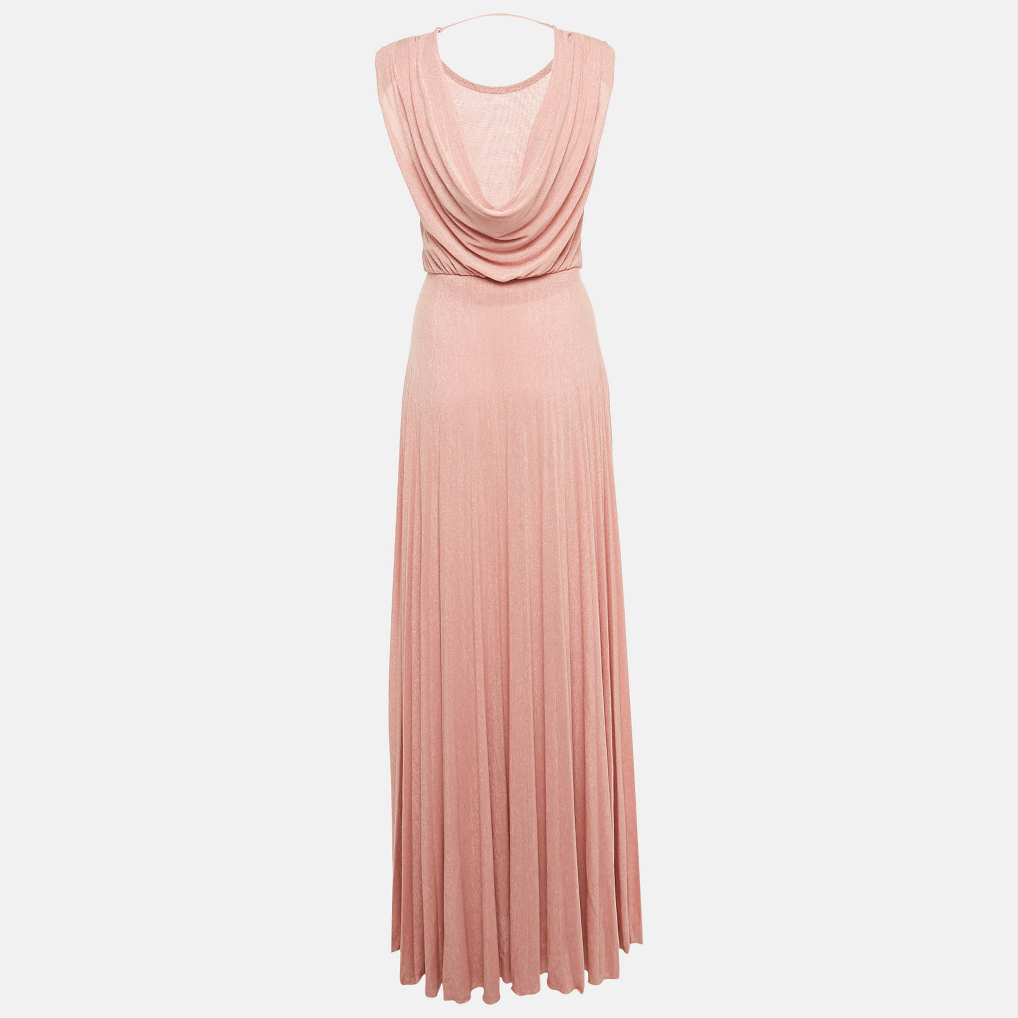 Pre-owned Elisabetta Franchi Rose Pink Lurex Knit Pleated Maxi Dress S