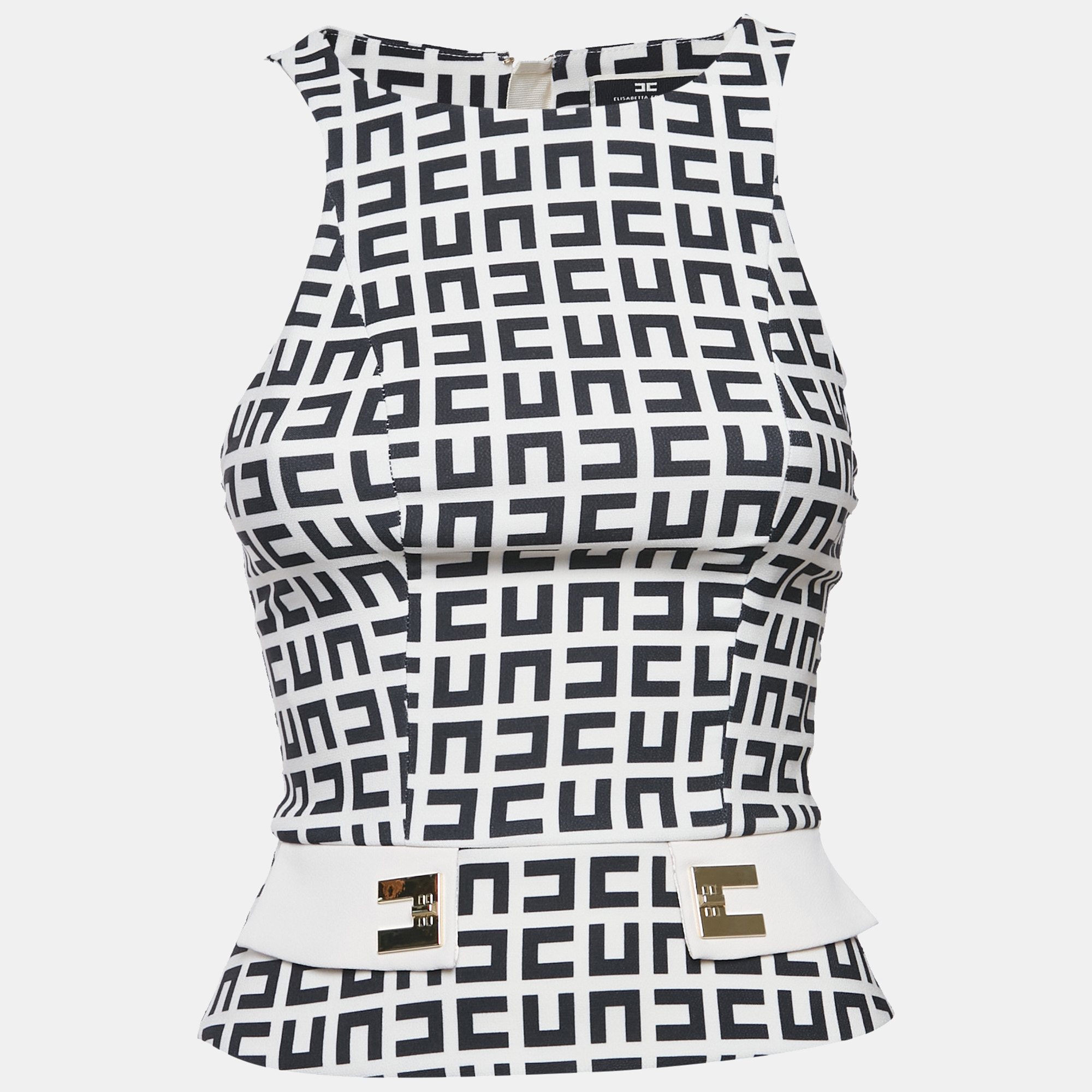

Elisabetta Franchi Beige/Black Monogram Print Jersey Sleeveless Top S