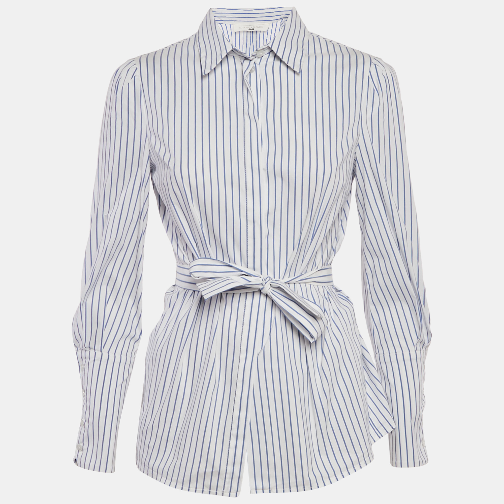 Elisabetta Franchi White & Blue Striped Cotton Tie Detail Shirt S