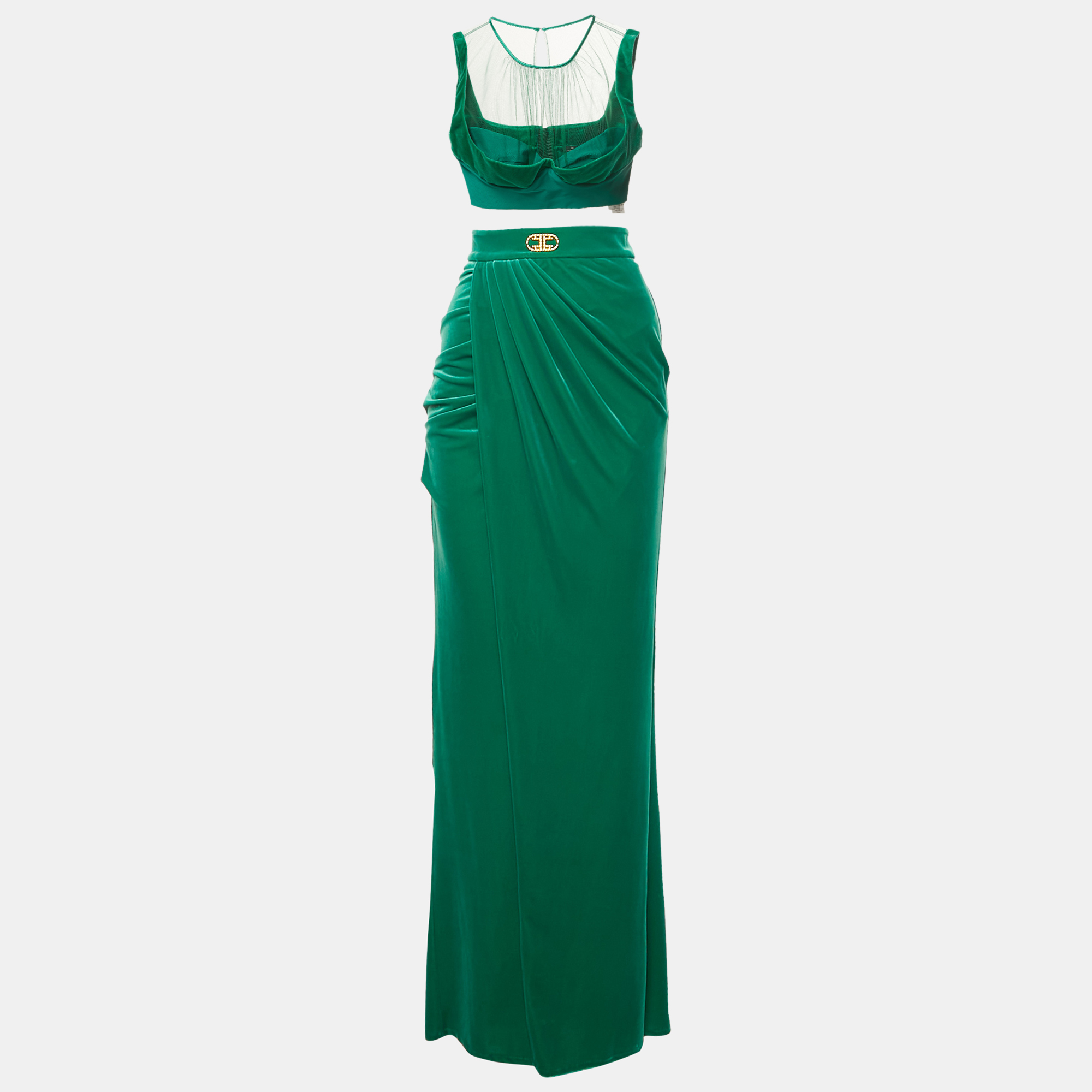 

Elisabetta Franchi Green Velvet Top and Skirt Set M