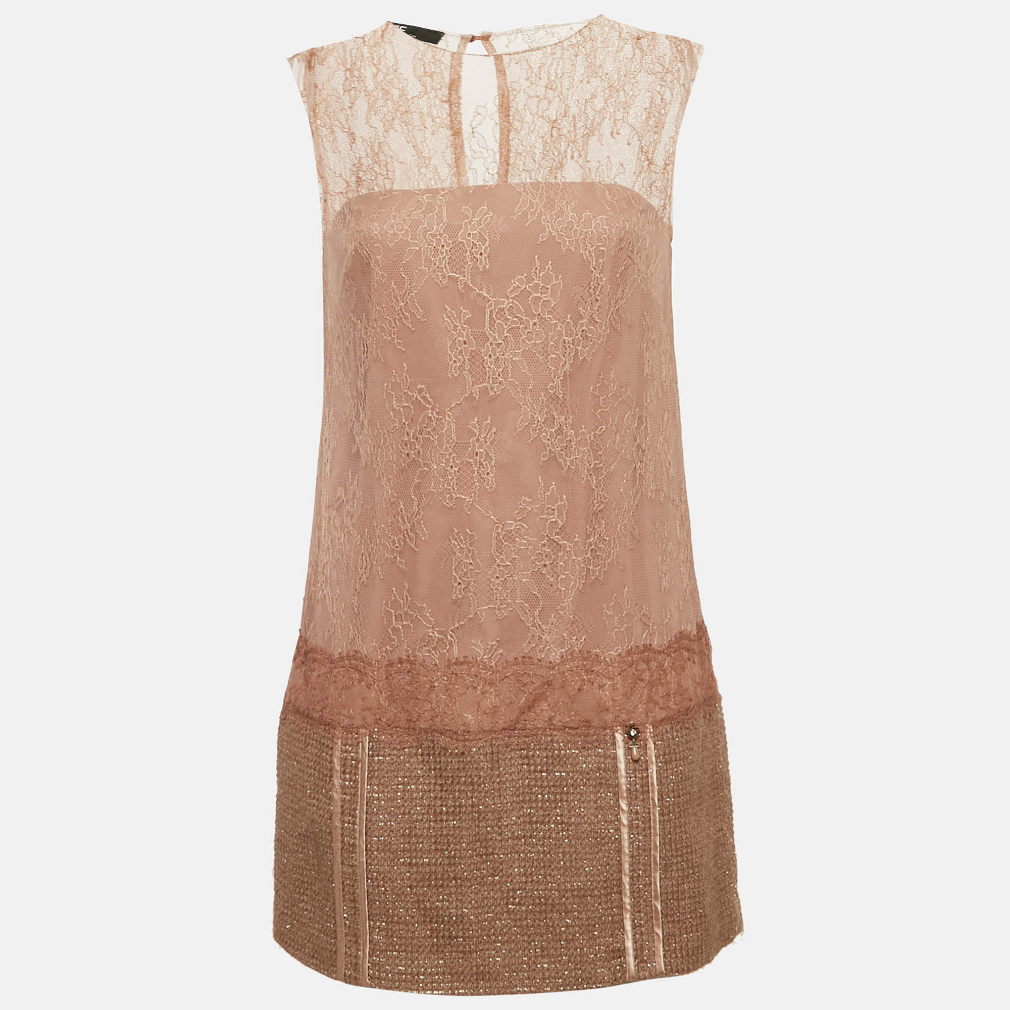 Pre-owned Elisabetta Franchi Beige/dusty Rose Lace And Tweed Mini Dress S