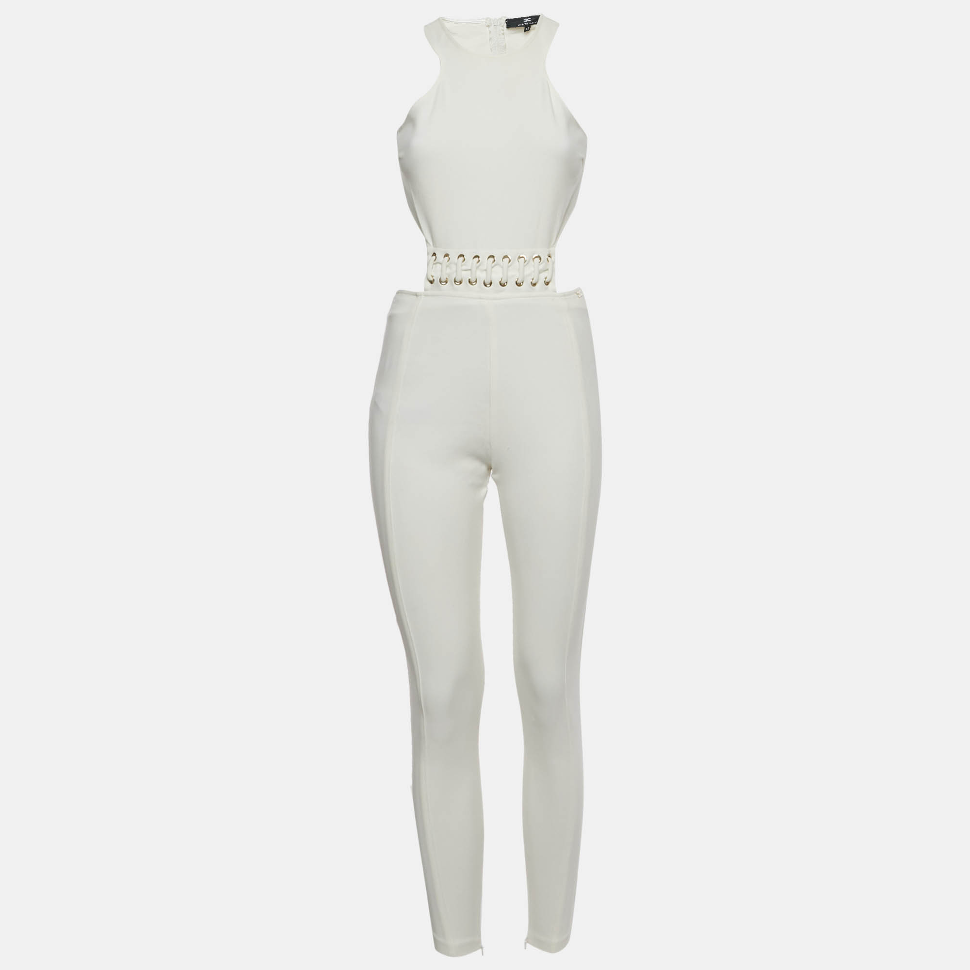 Pre-owned Elisabetta Franchi White Jersey Lace Up Backless Jumpsuit M