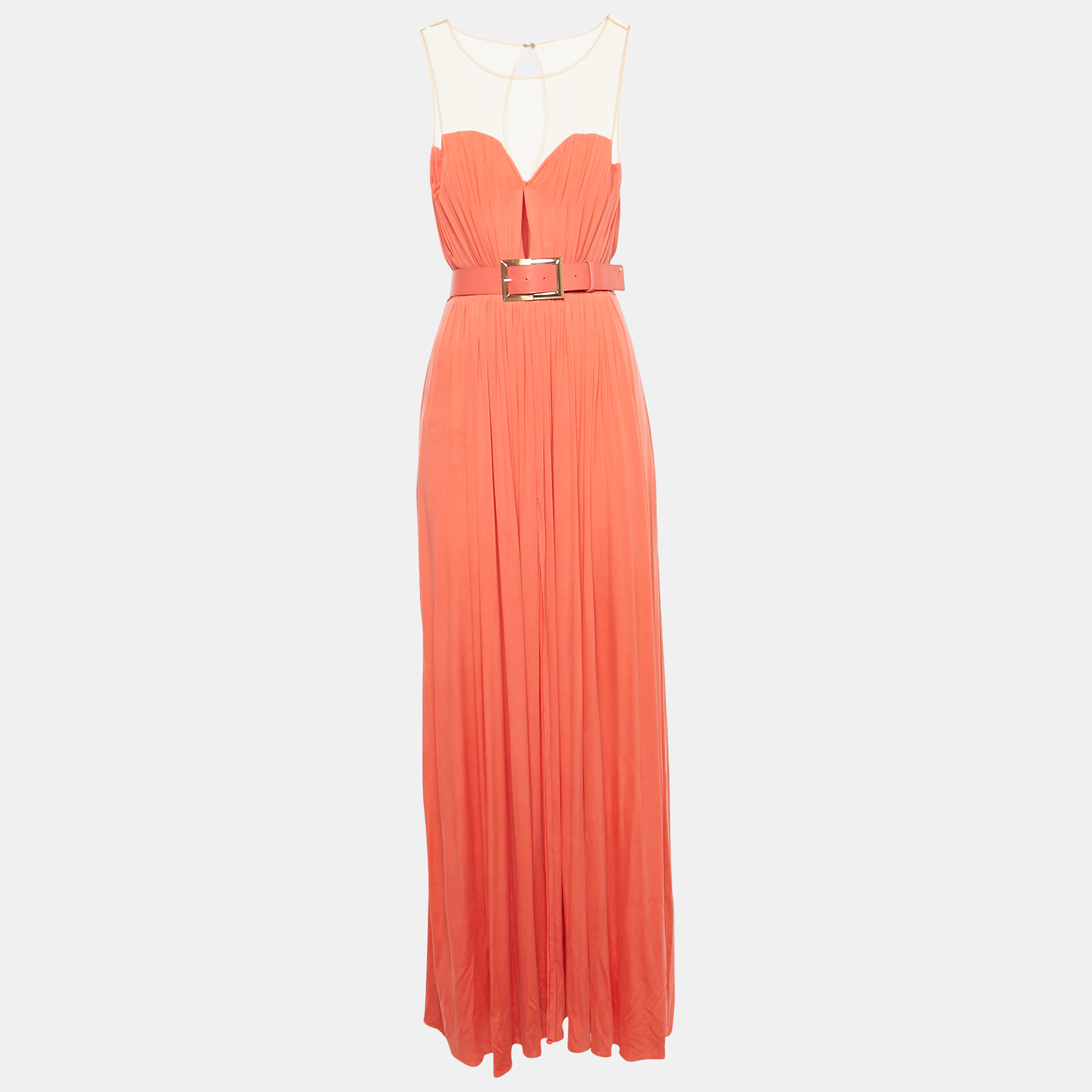 

Elisabetta Franchi Coral Tulle Trim Peated Jersey Belted Dress L, Pink