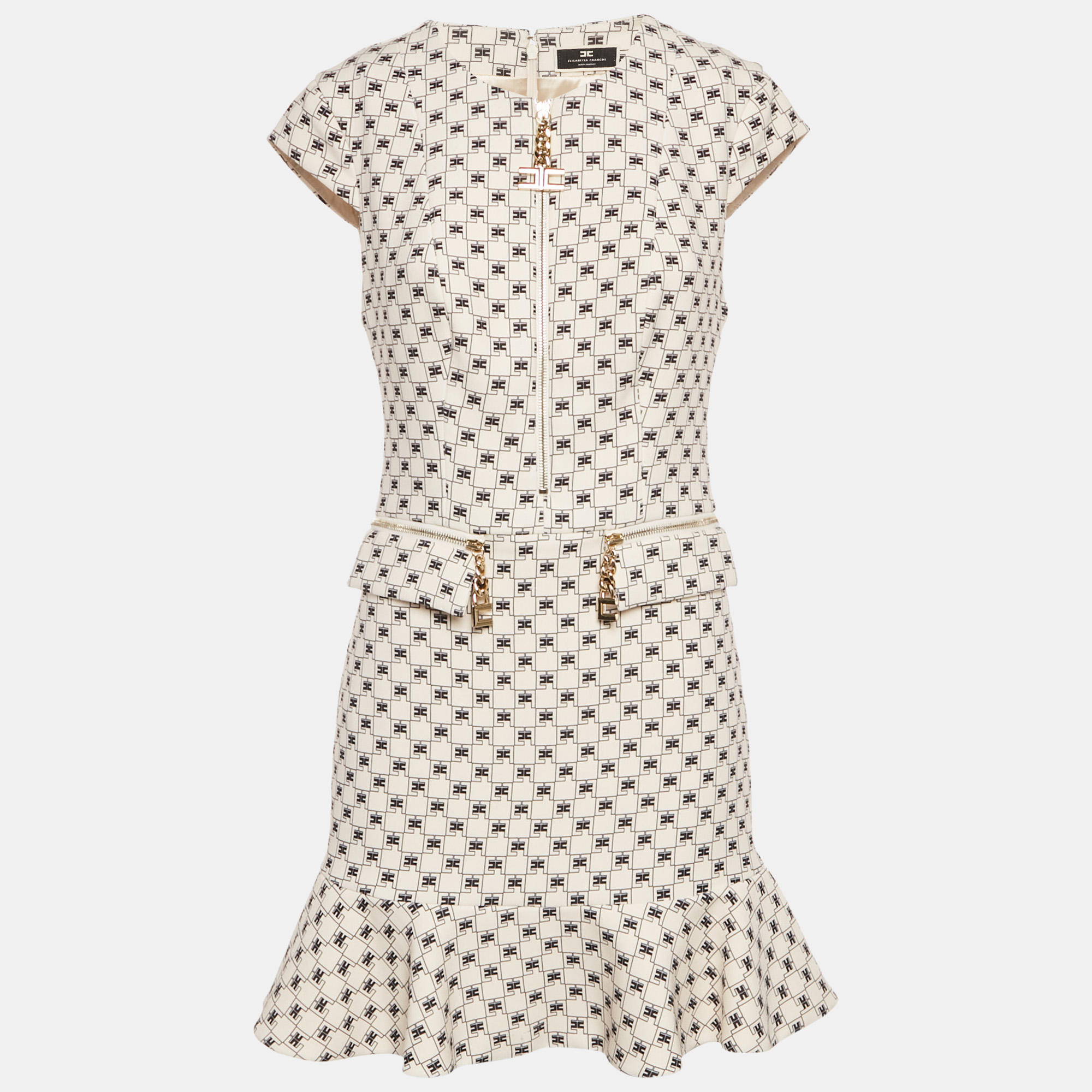 

Elisabetta Franchi Cream Logo Print Crepe Sleeveless Mini Dress M