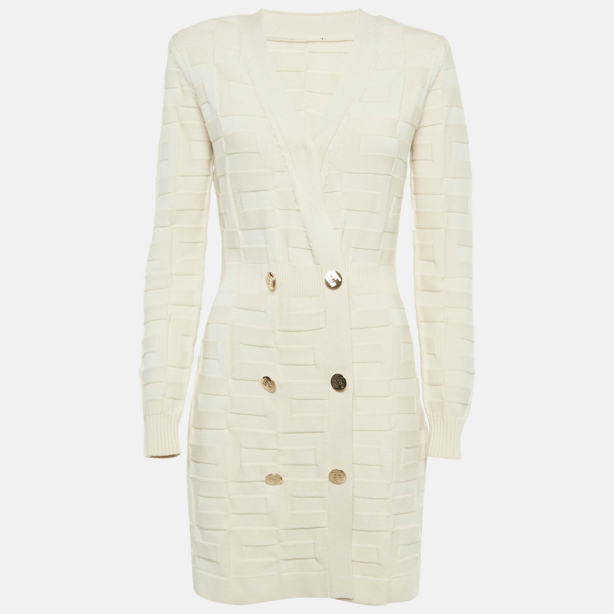 Pre-owned Elisabetta Franchi Cream Textured Knit Double Breasted Cardigan Mini Dress M In White
