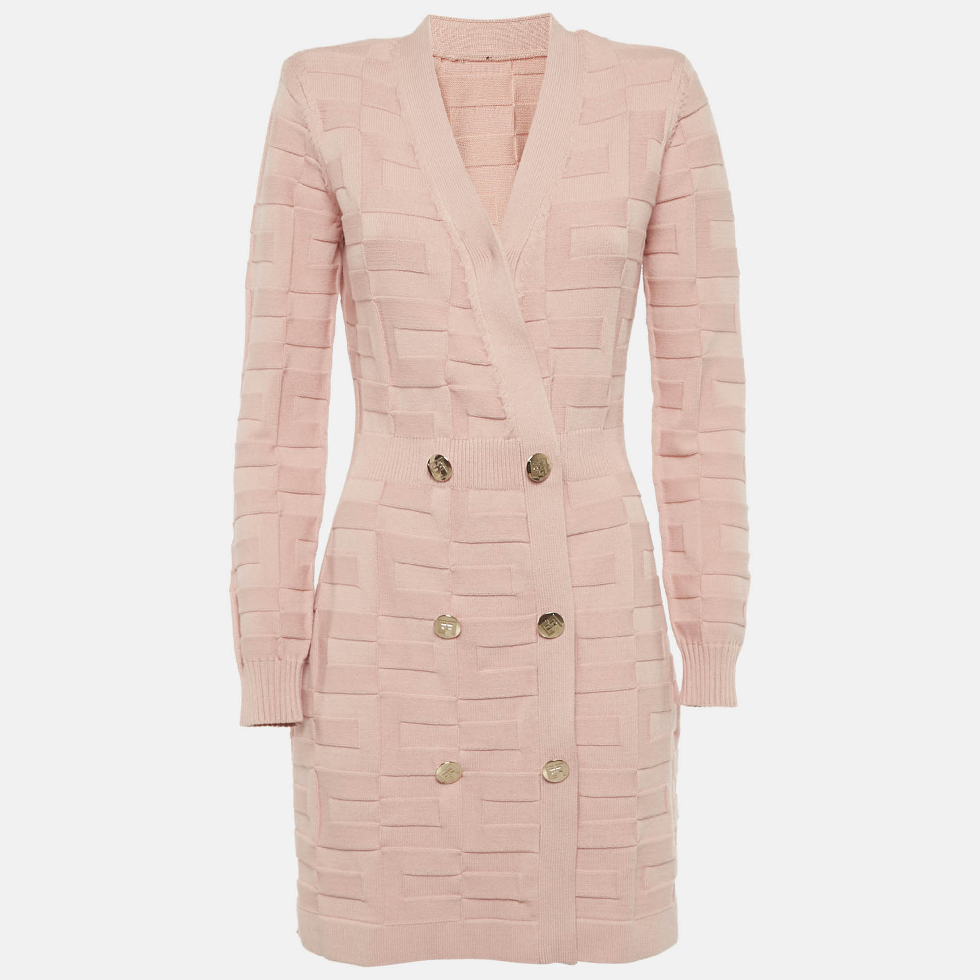 Pre-owned Elisabetta Franchi Pink Textured Knit Double Breasted Cardigan Mini Dress M