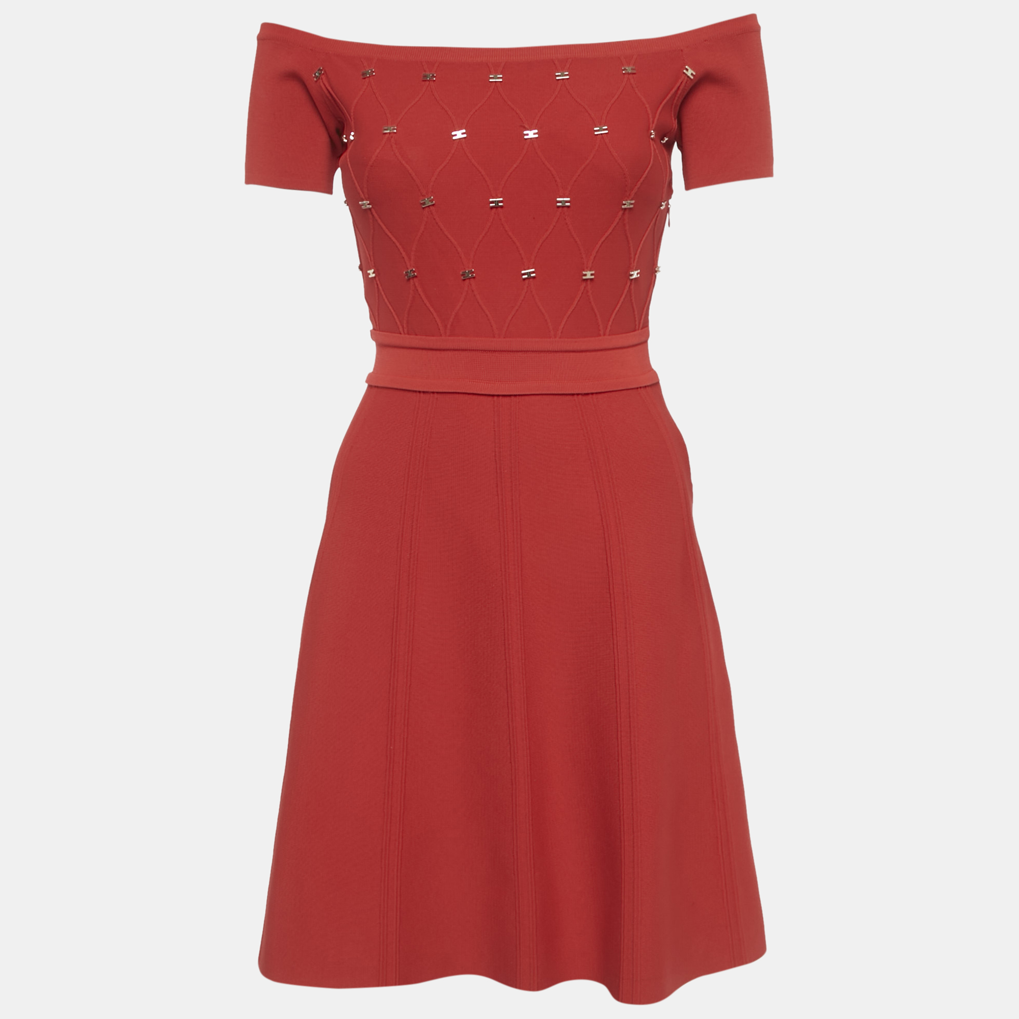Pre-owned Elisabetta Franchi Red Logo Embellished Knit Mini Dress S