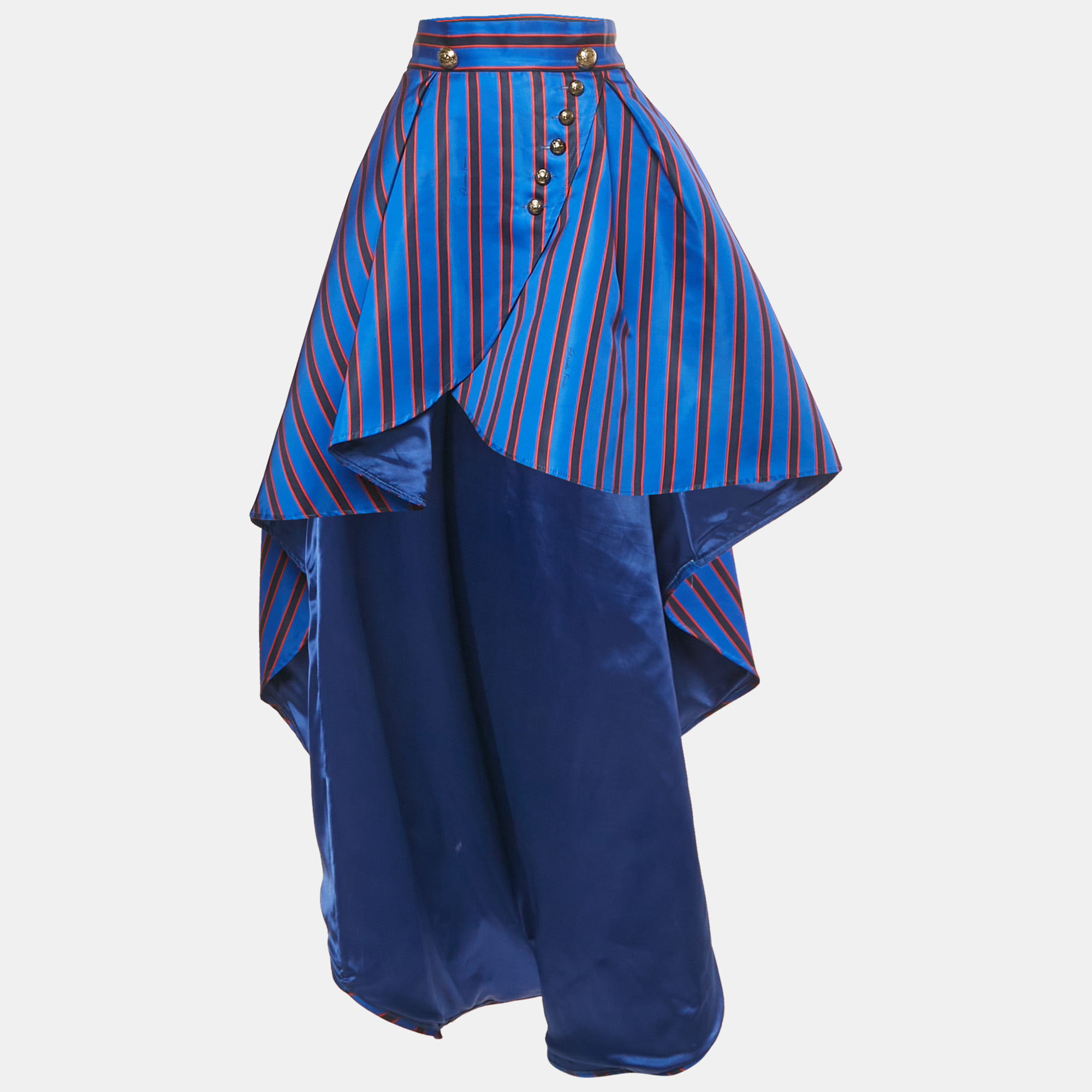 

Elisabetta Franchi Blue Striped Print Satin High Low Skirt L