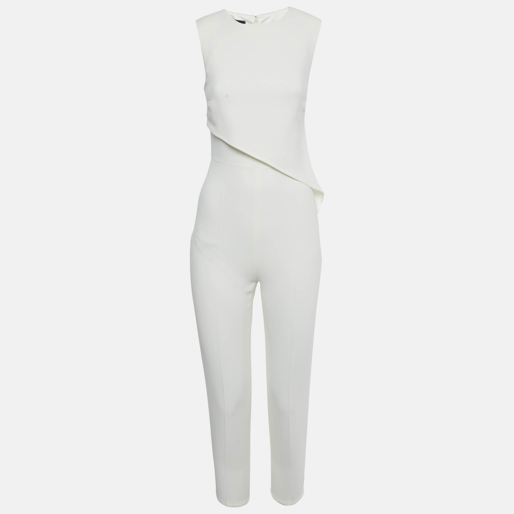 Pre-owned Elisabetta Franchi Off White Crepe Asymmetric Belted Jumpsuit S