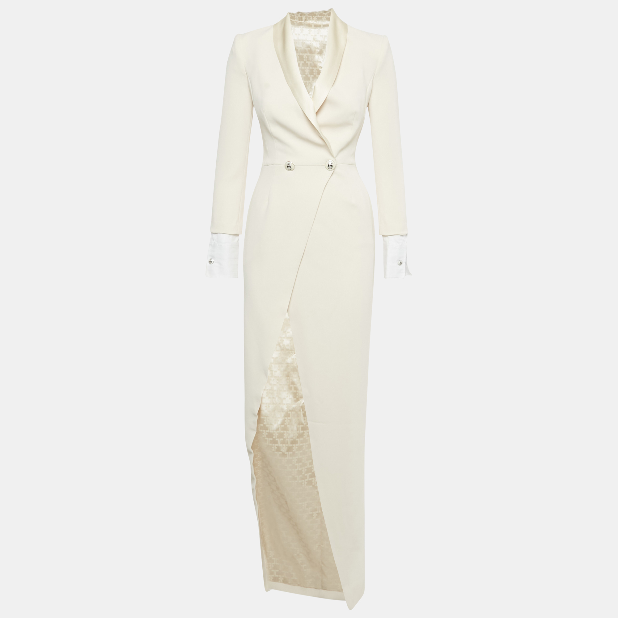 

Elisabetta Franchi Cream Crepe Double Breasted Asymmetric Long Coat S