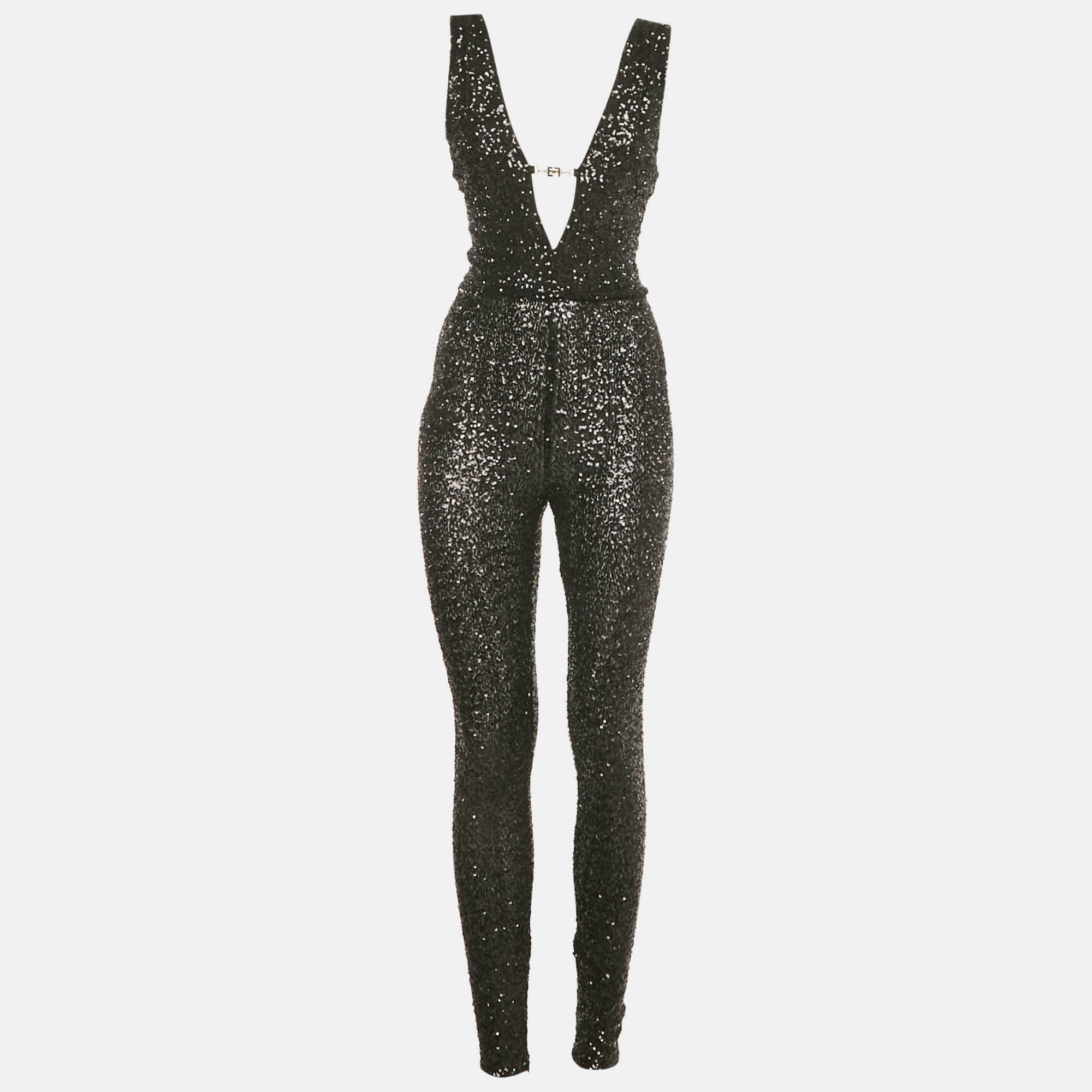 Elisabetta Franchi Black Sequins Plunge Neck Body Fitted Jumpsuit S