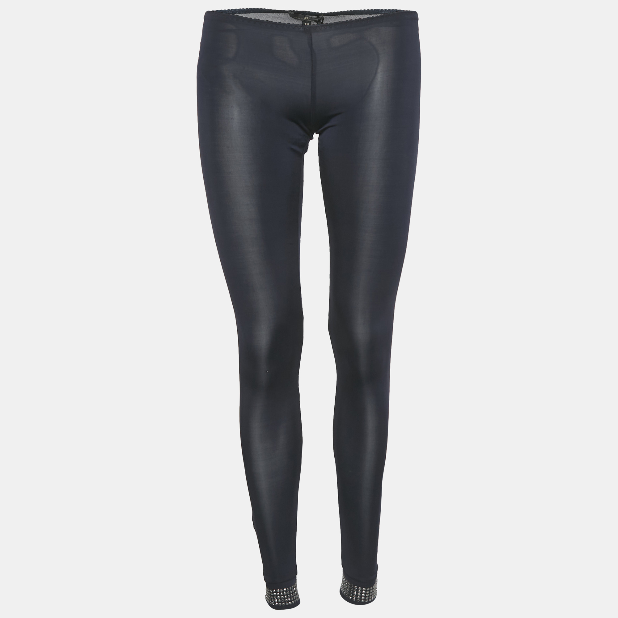 Pre-owned Elisabetta Franchi Navy Blue Jersey Studded Hem Leggings M