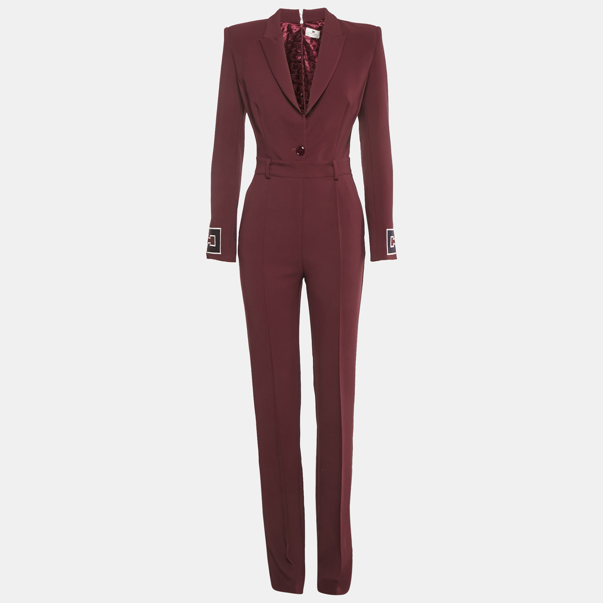Pre-owned Elisabetta Franchi Burgundy Logo Applique Crepe Jumpsuit S