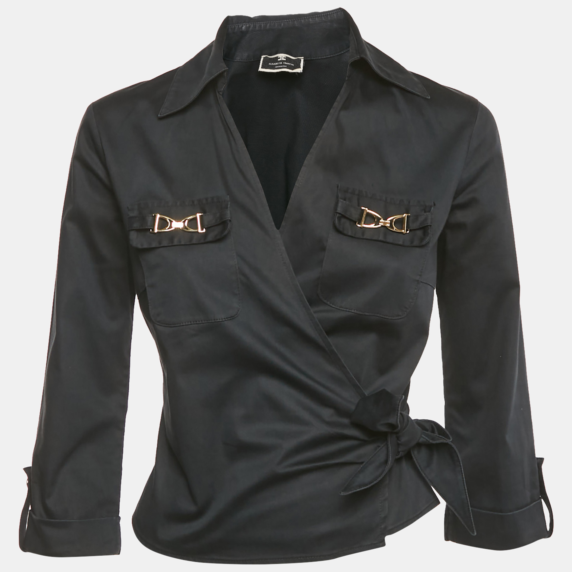 

Elisabetta Franchi Black Cotton Buckle Detail Wrap Around Top M