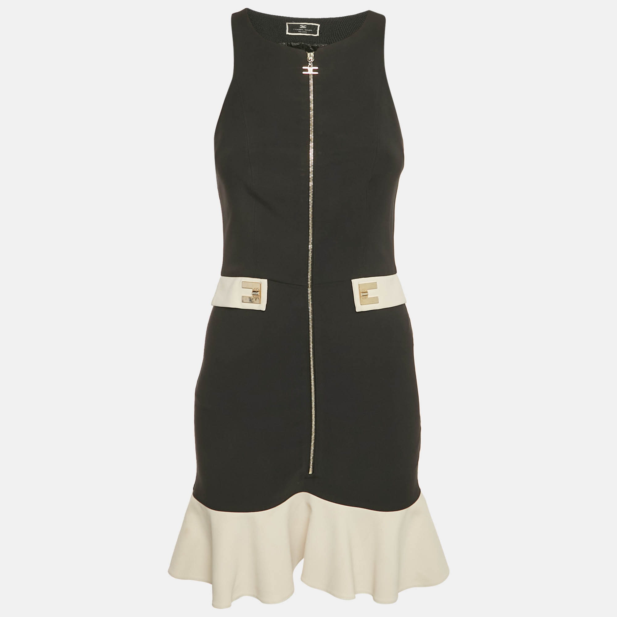 Pre-owned Elisabetta Franchi Black Crepe Logo Detail Flounced Mini Dress M