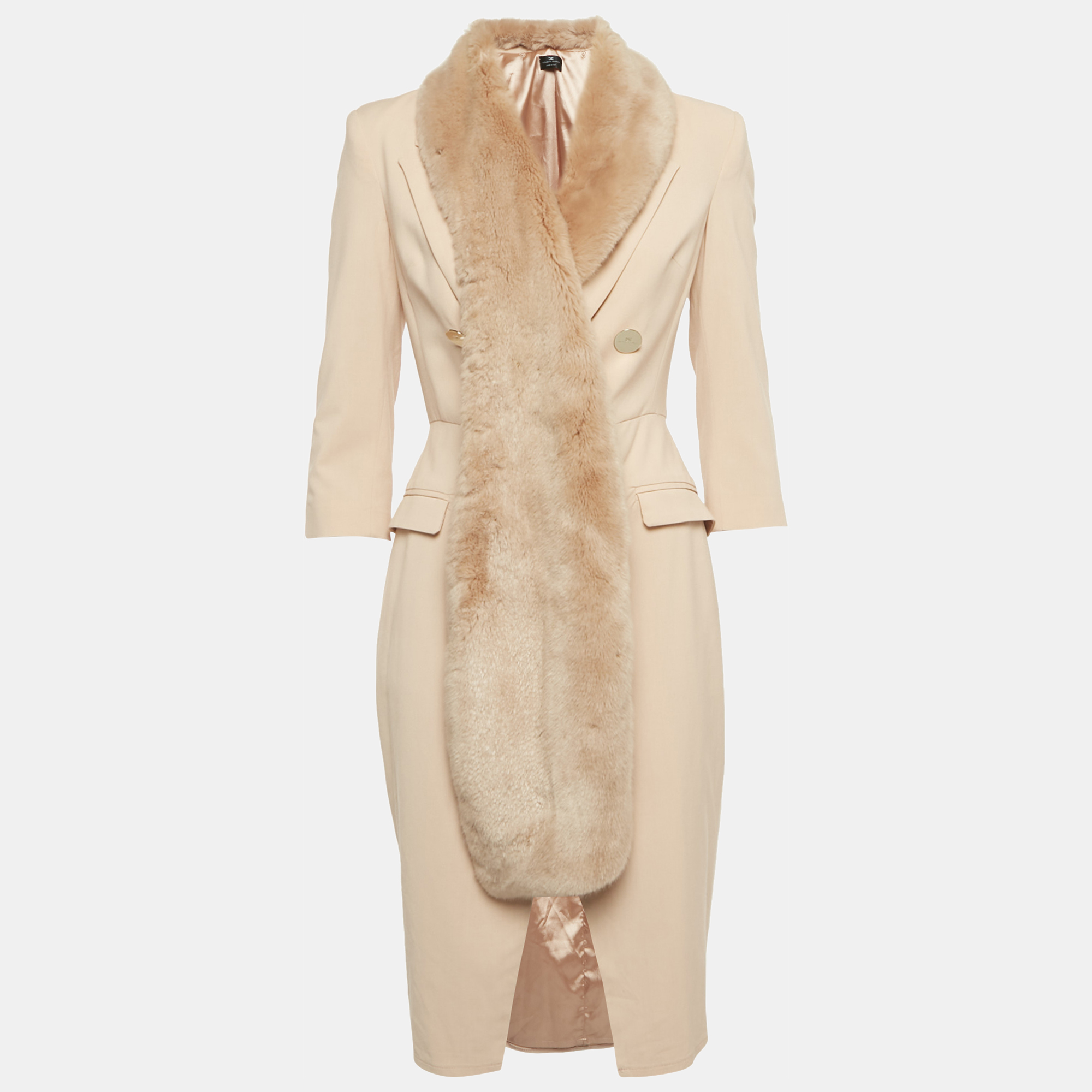 Pre-owned Elisabetta Franchi Pink Crepe Faux Fur Collar Double Breasted Coat S