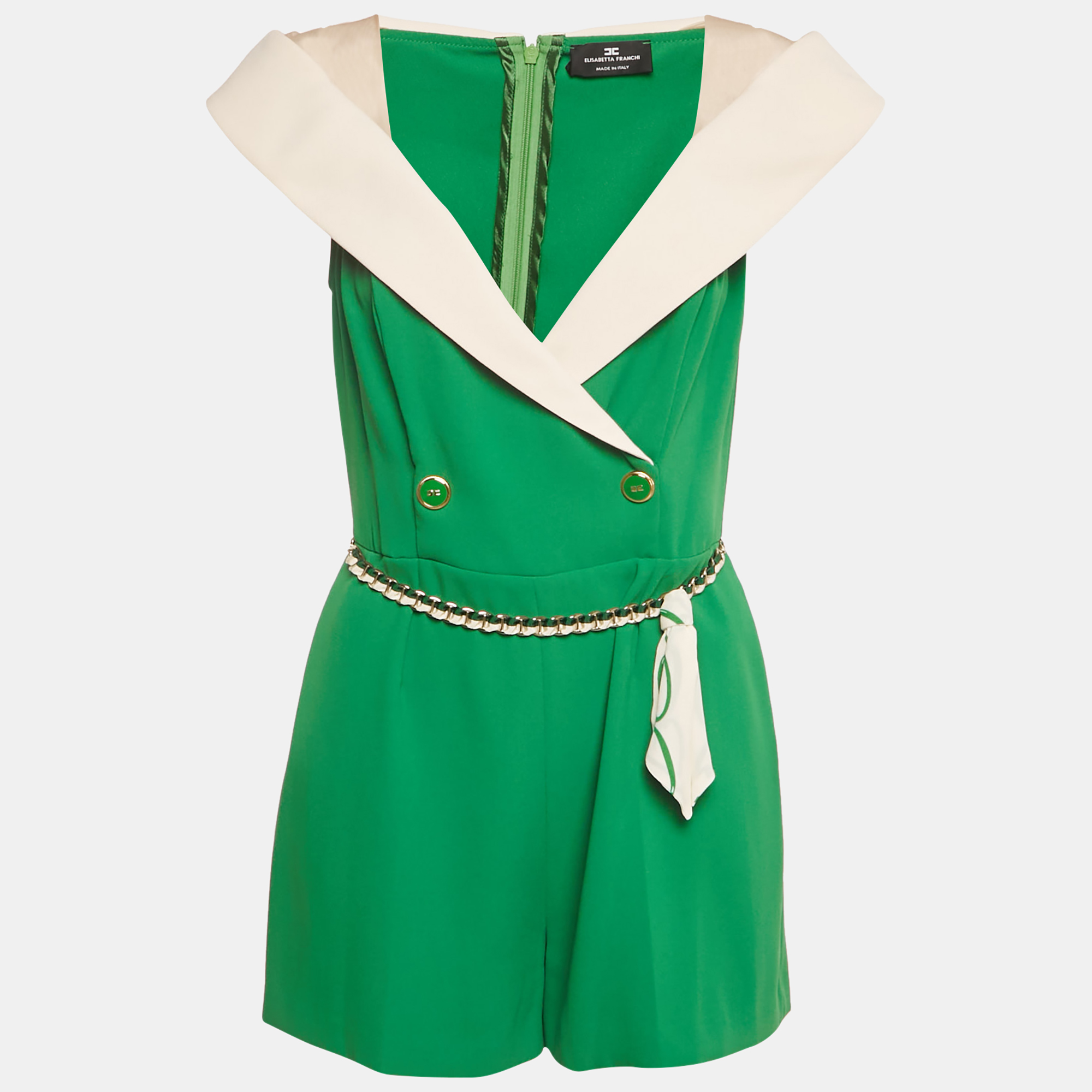 Pre-owned Elisabetta Franchi Green Crepe Off -shoulder Belted Jumpsuit M