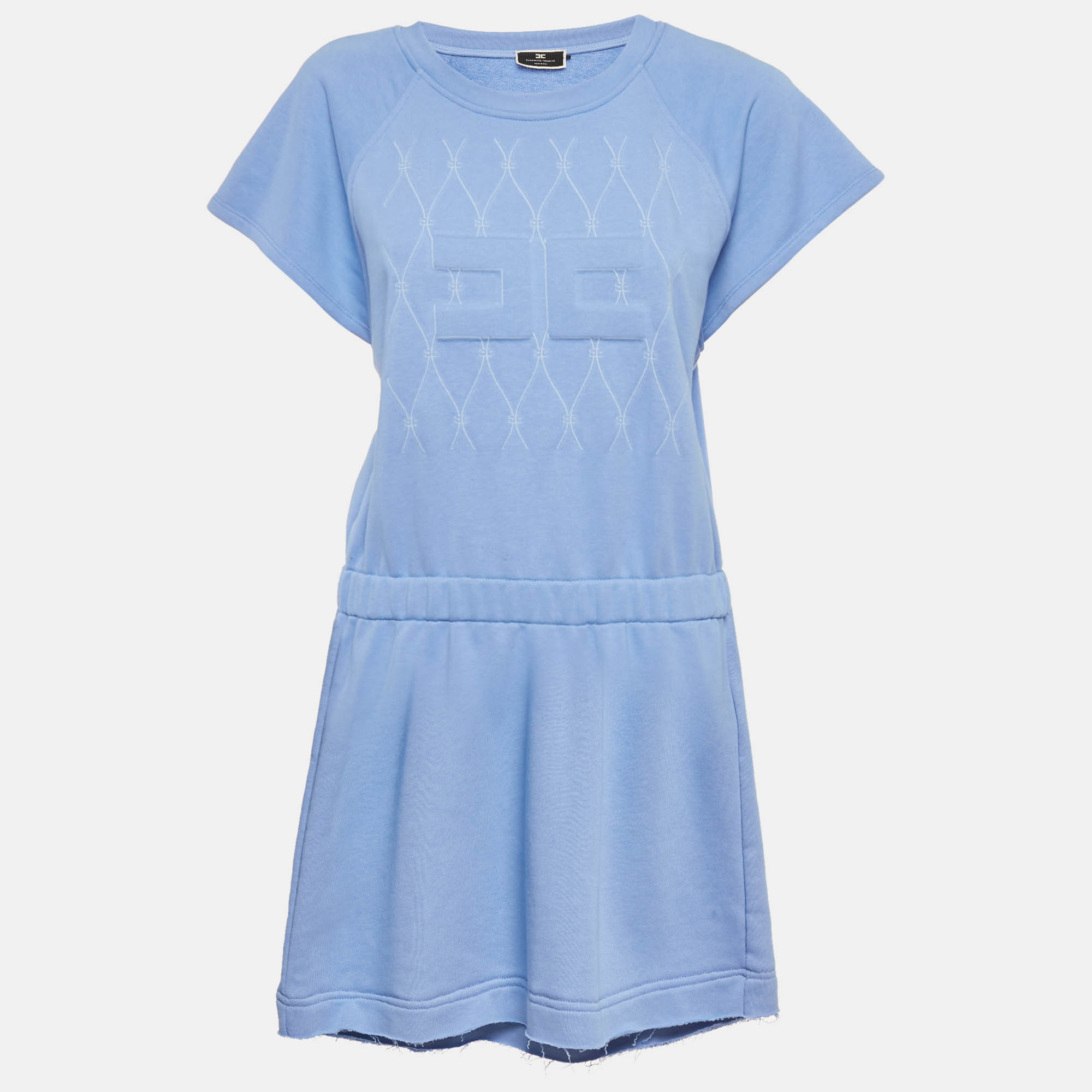 Elisabetta Franchi Blue Logo Embossed Cotton Blend Mini Dress L
