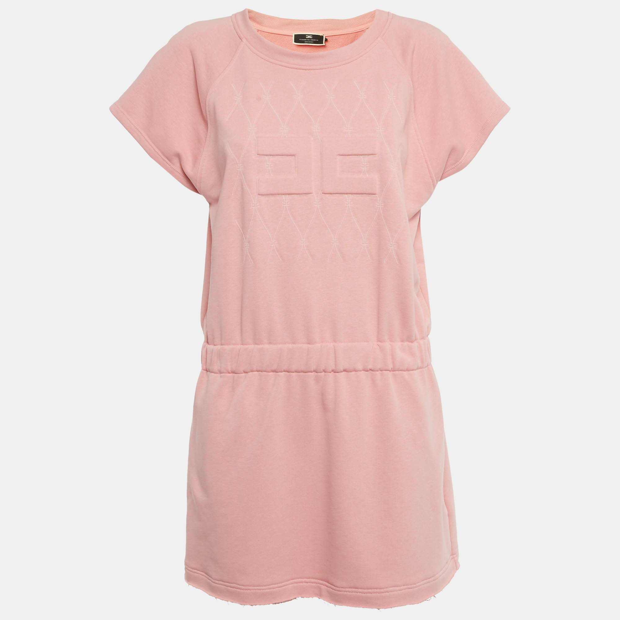 

Elisabetta Franchi Pink Logo Embossed Cotton Knit Mini Dress L