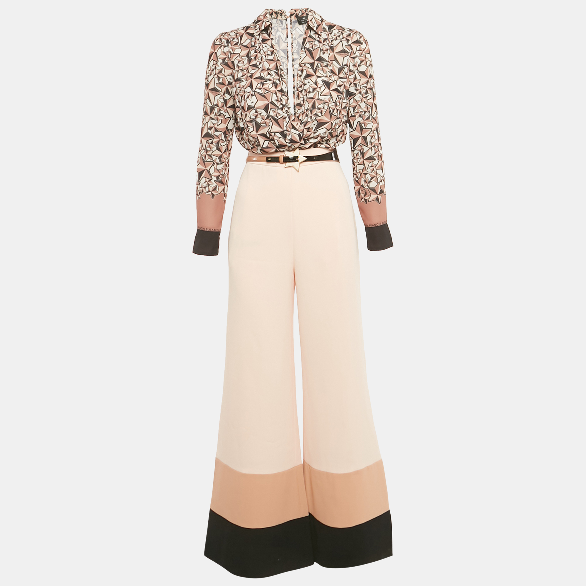Pre-owned Elisabetta Franchi Peach/multicolor Printed Crepe Detachable Belted Jumpsuit S