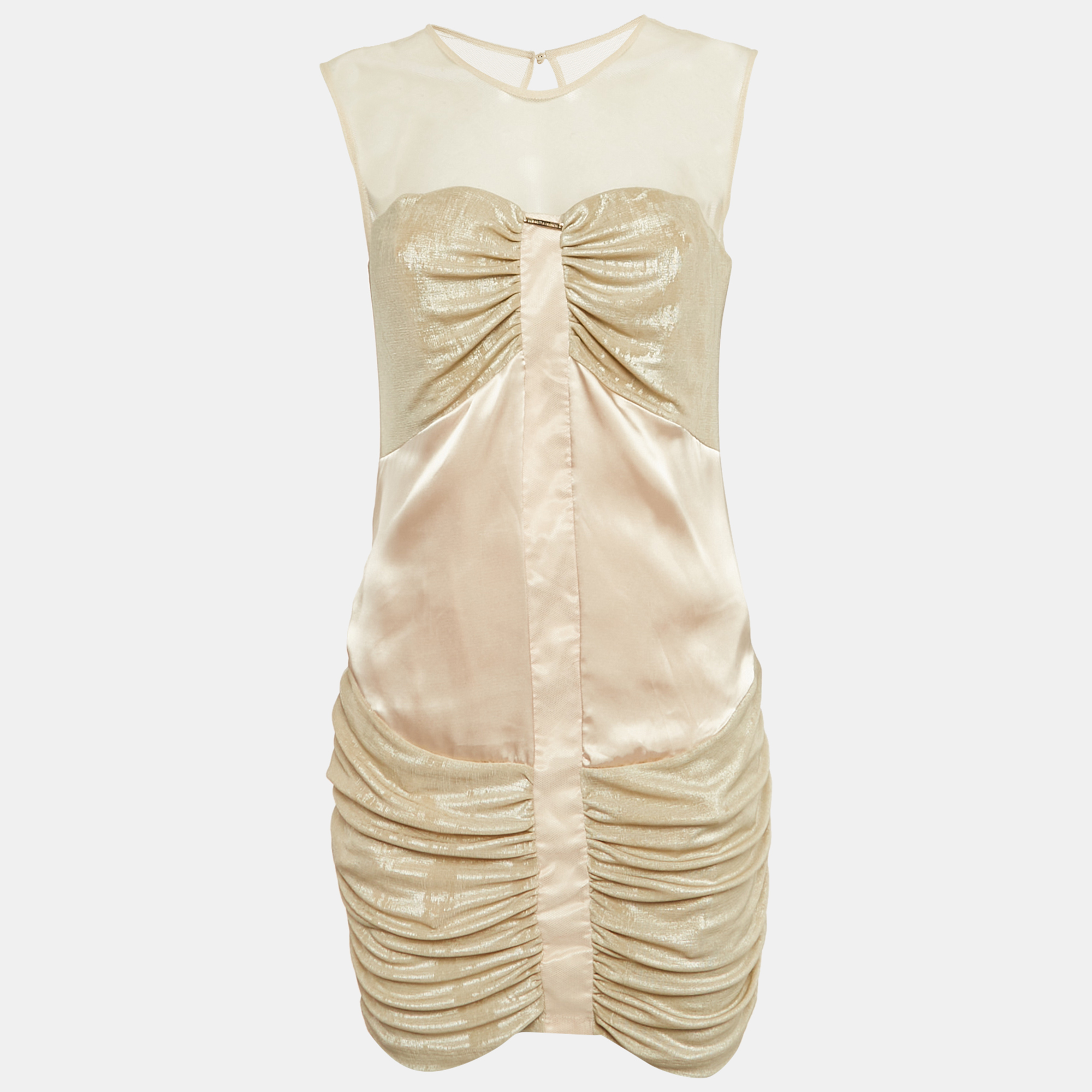 Pre-owned Elisabetta Franchi Gold Crepe Rushed Bodycon Mini Dress L