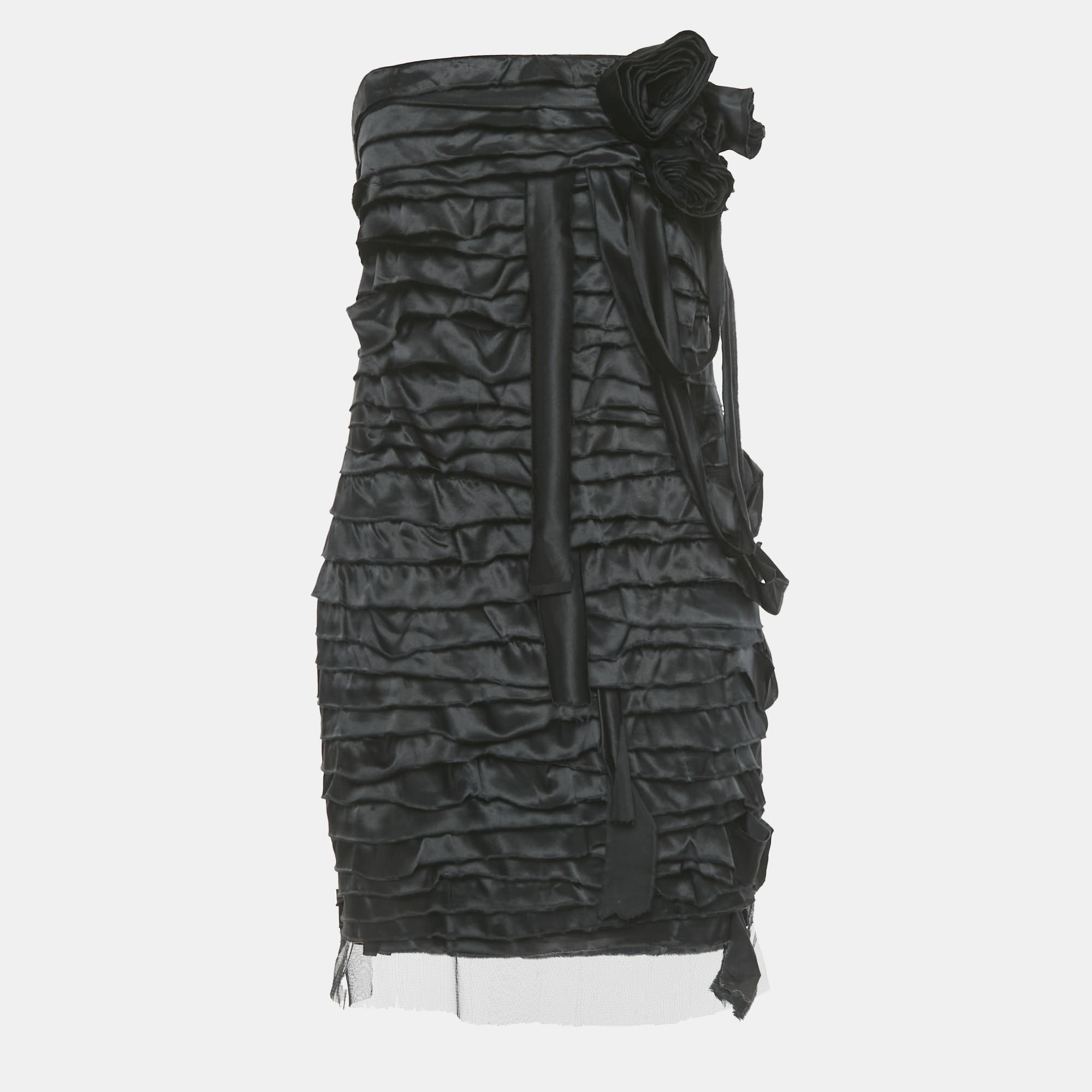 Elisabetta Franchi Black Silk Ribbon Detail Strapless Mini Dress L