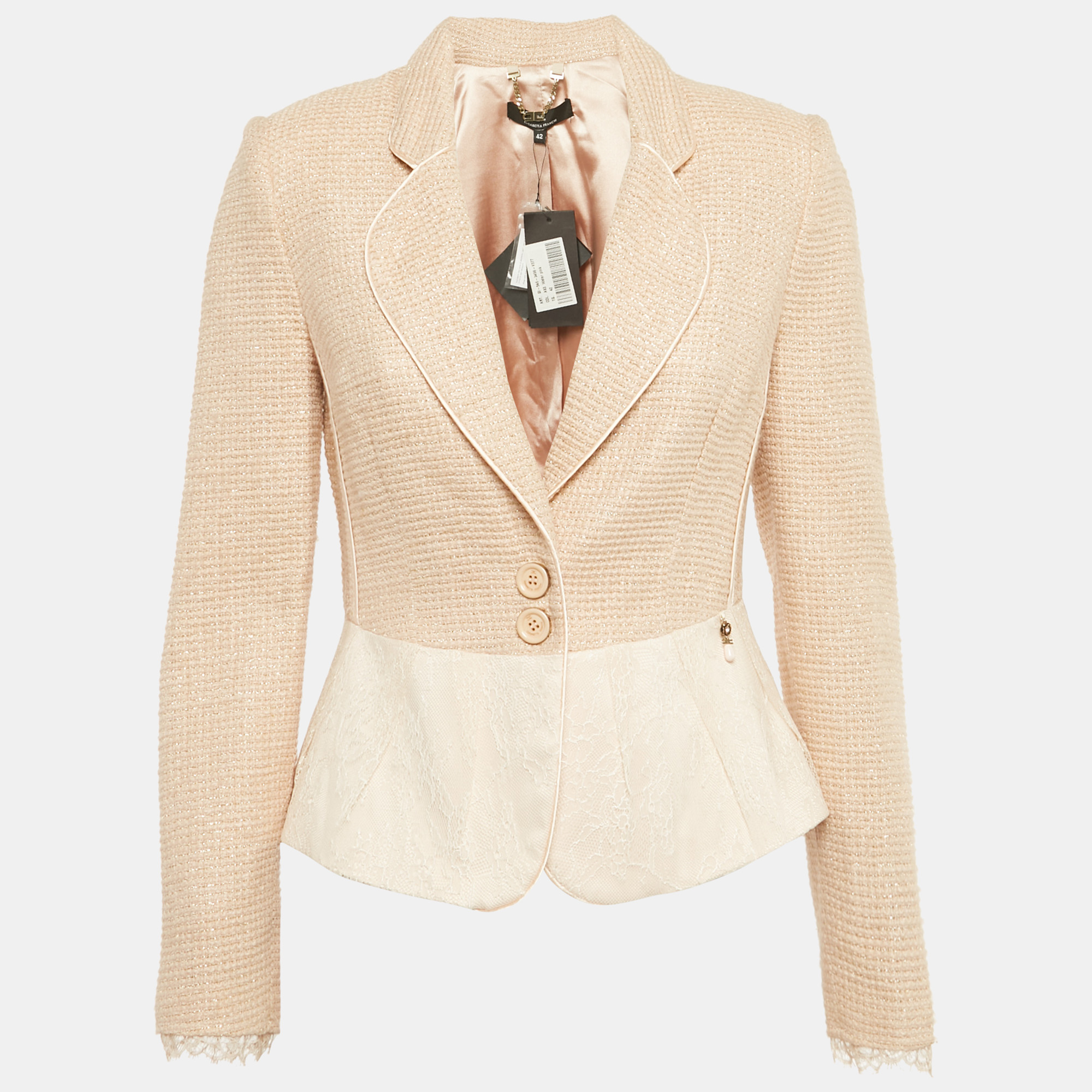 Pre-owned Elisabetta Franchi Beige Lurex Tweed Jacket M In Sand