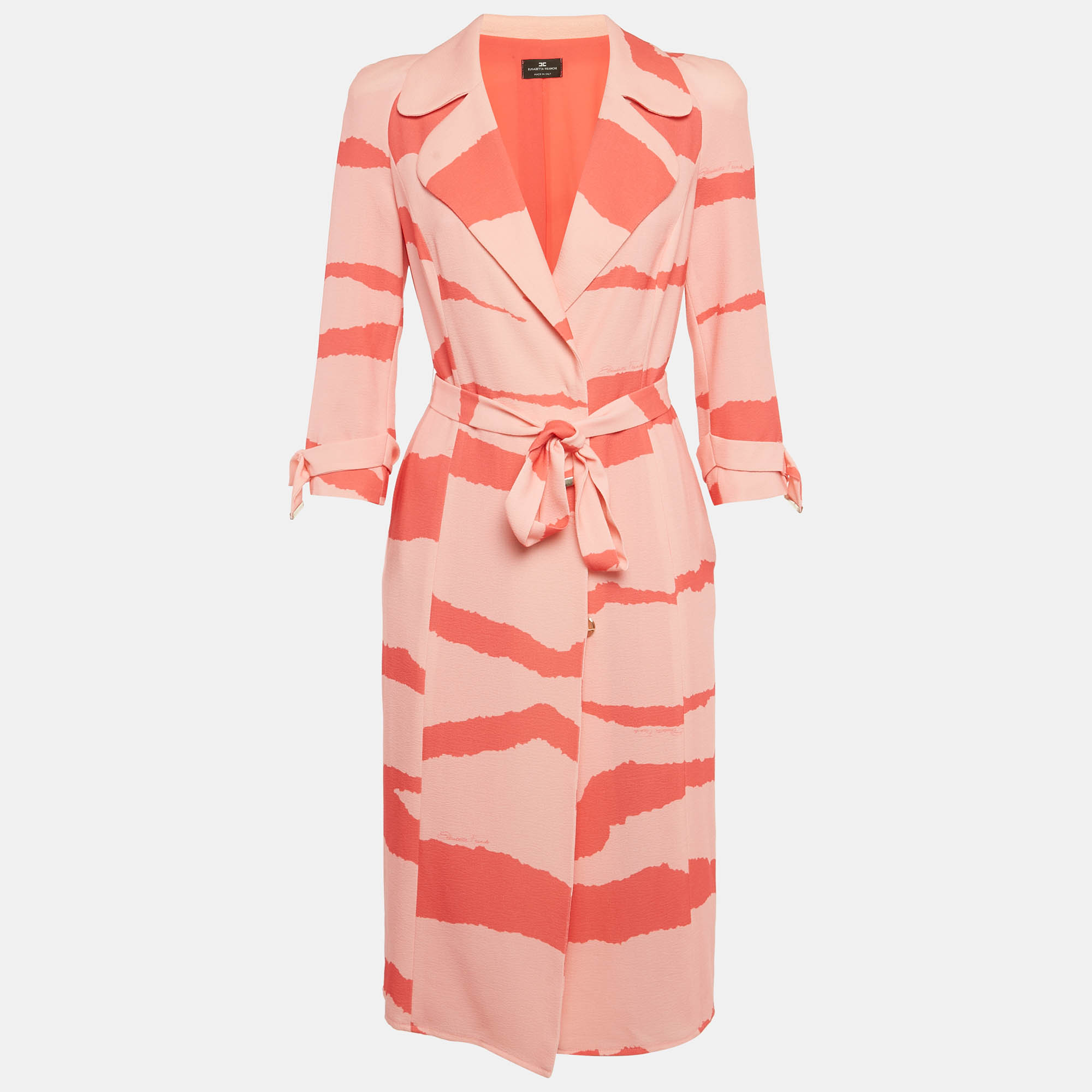 Pre-owned Elisabetta Franchi Orange/ Peach Abstract Print Crepe Belted Coat Dress S