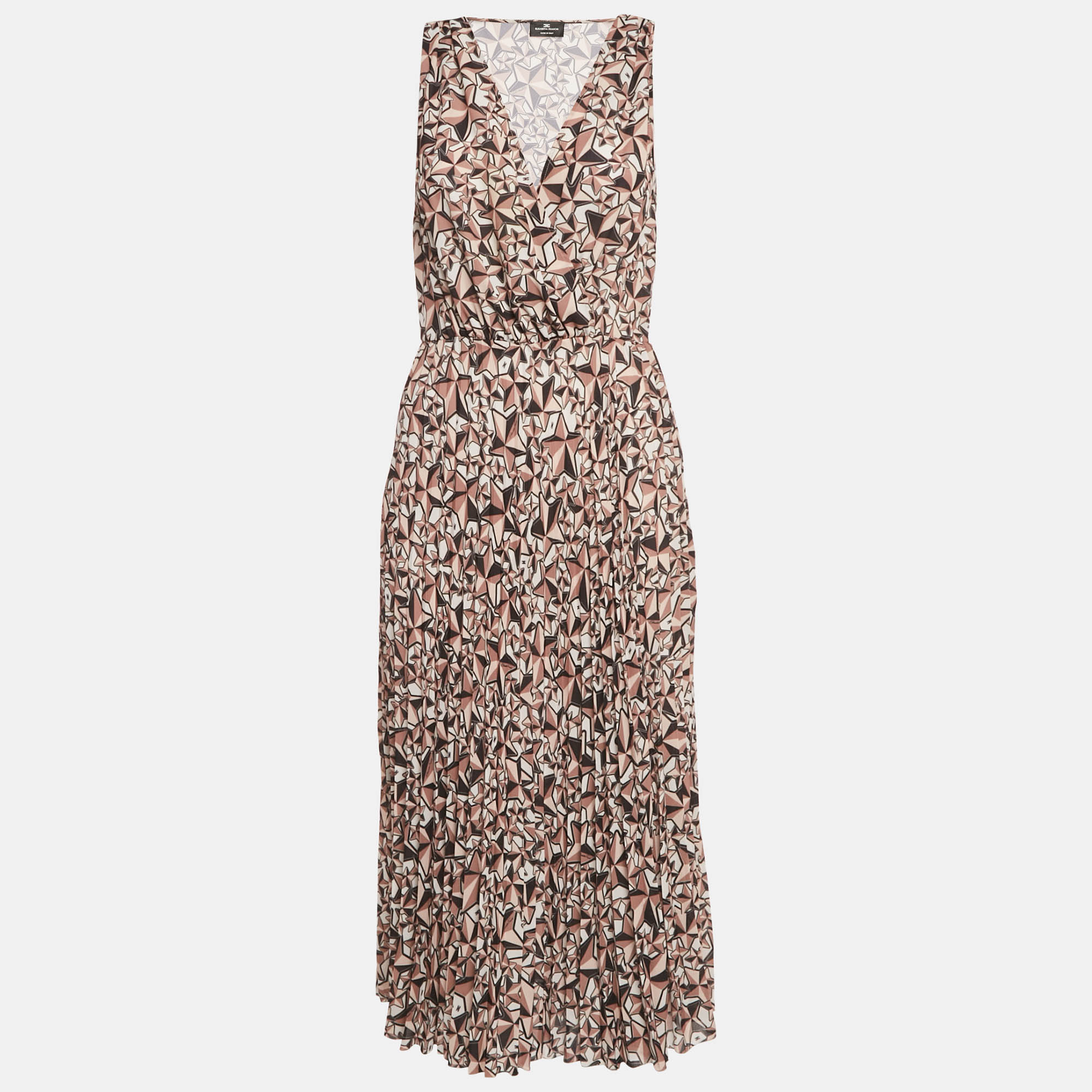 Pre-owned Elisabetta Franchi Brown Printed Crepe Pleat Detail Midi Dress M