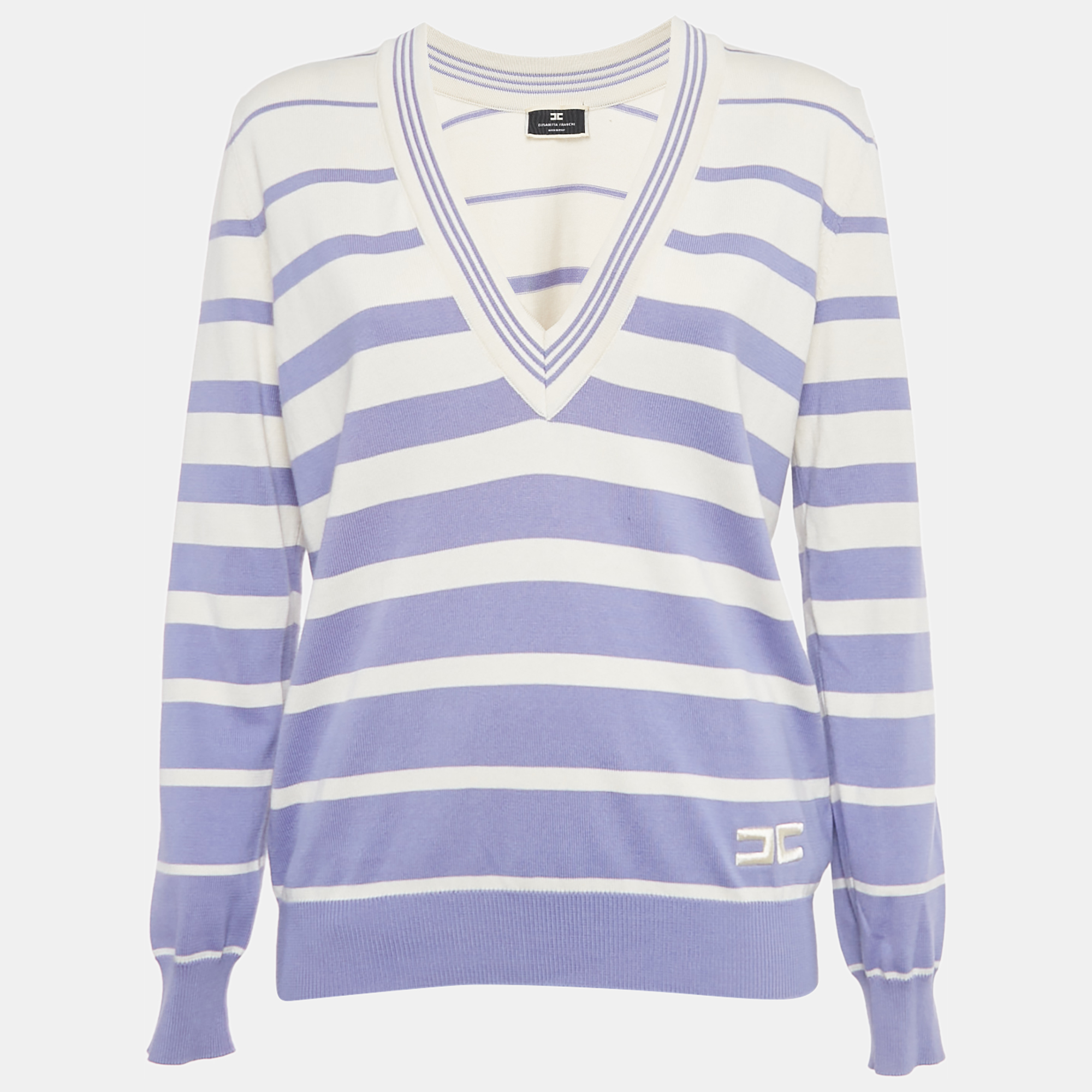 

Elisabetta Franchi Purple Stripe Cotton V-Neck Sweater M