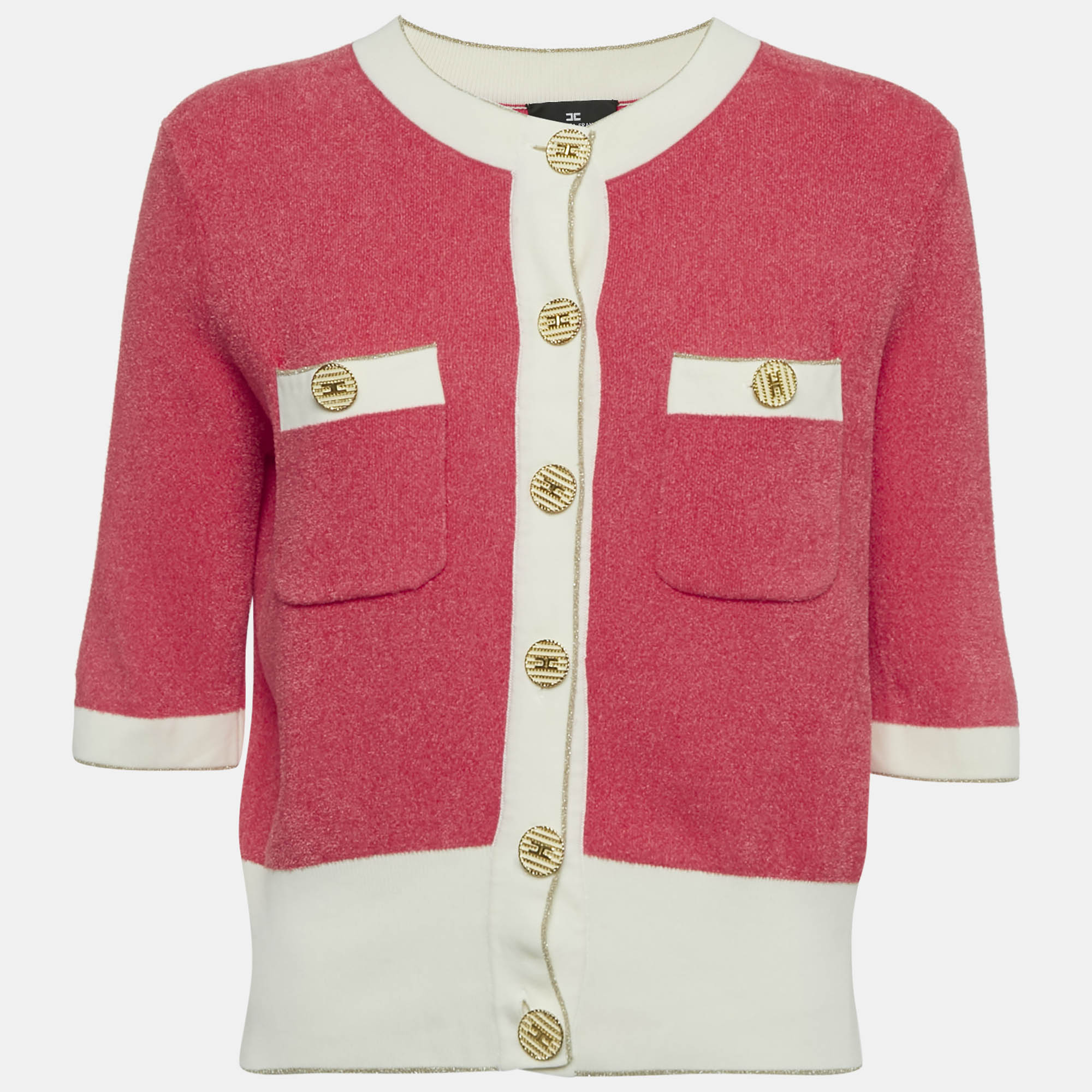 Pre-owned Elisabetta Franchi Pink Terry Short Sleeve Cardigan L