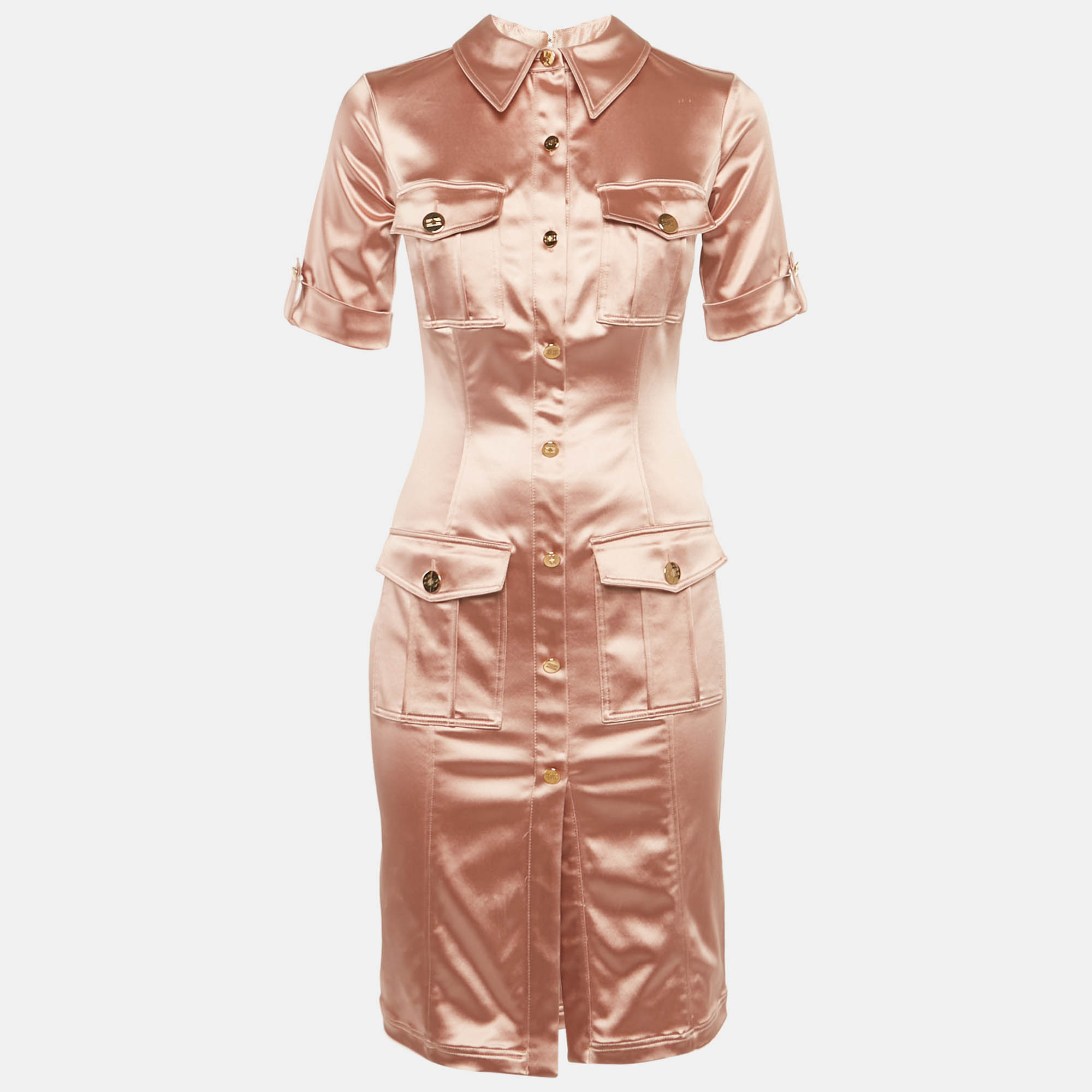 Pre-owned Elisabetta Franchi Pink Satin Button Front Mini Shirt Dress M