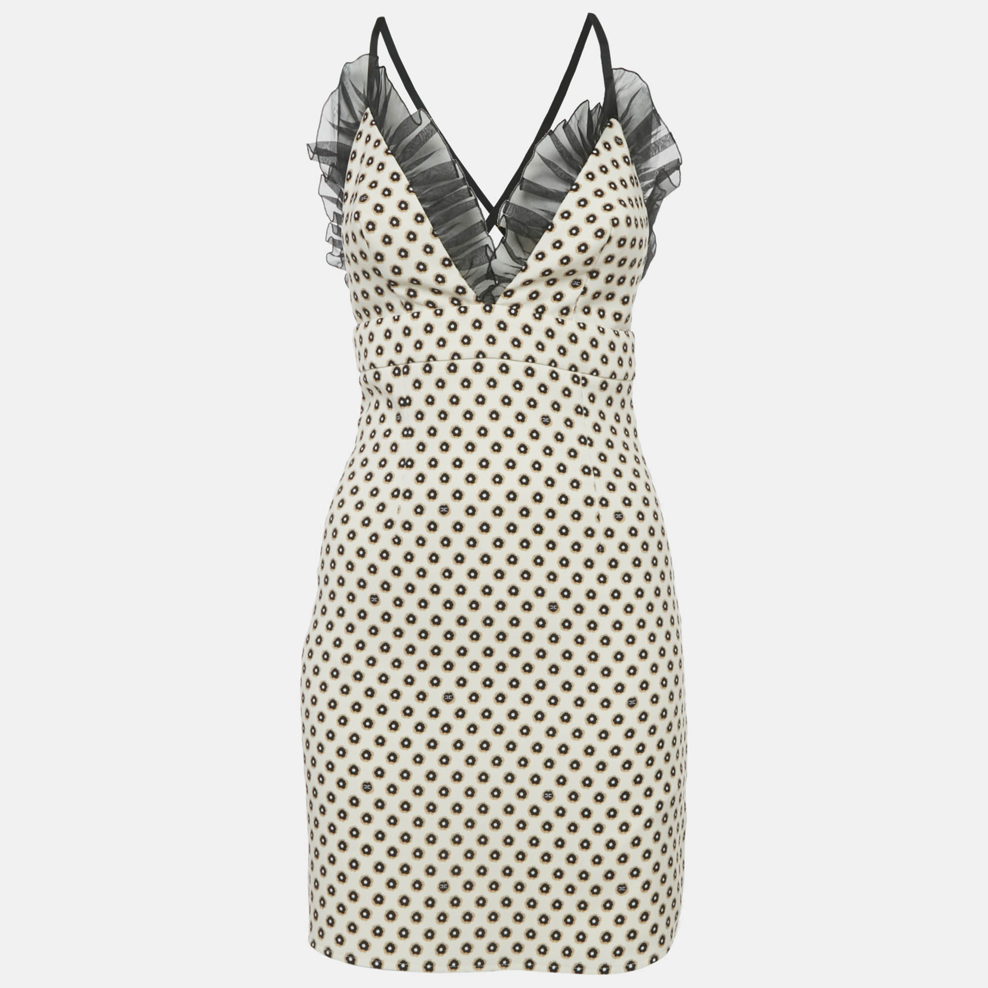 Pre-owned Elisabetta Franchi Cream Floral Print Crepe Ruffled Sleeveless Mini Dress S In White