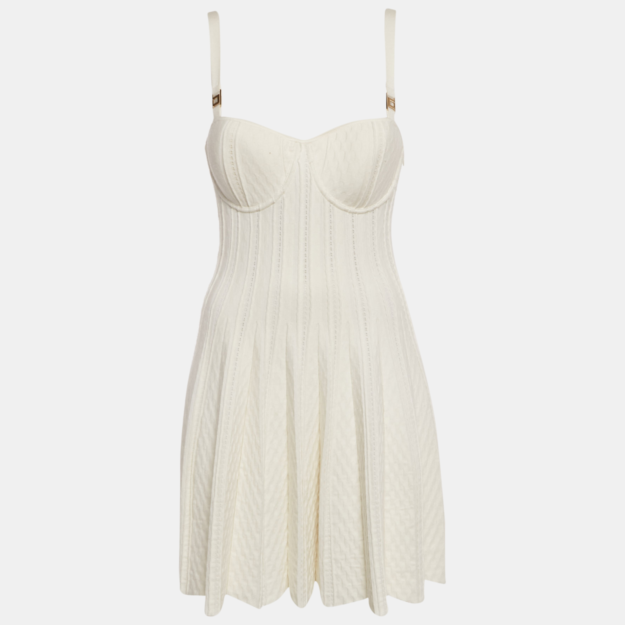 Pre-owned Elisabetta Franchi Off-white Patterned Knit Bustier Flared Mini Dress S