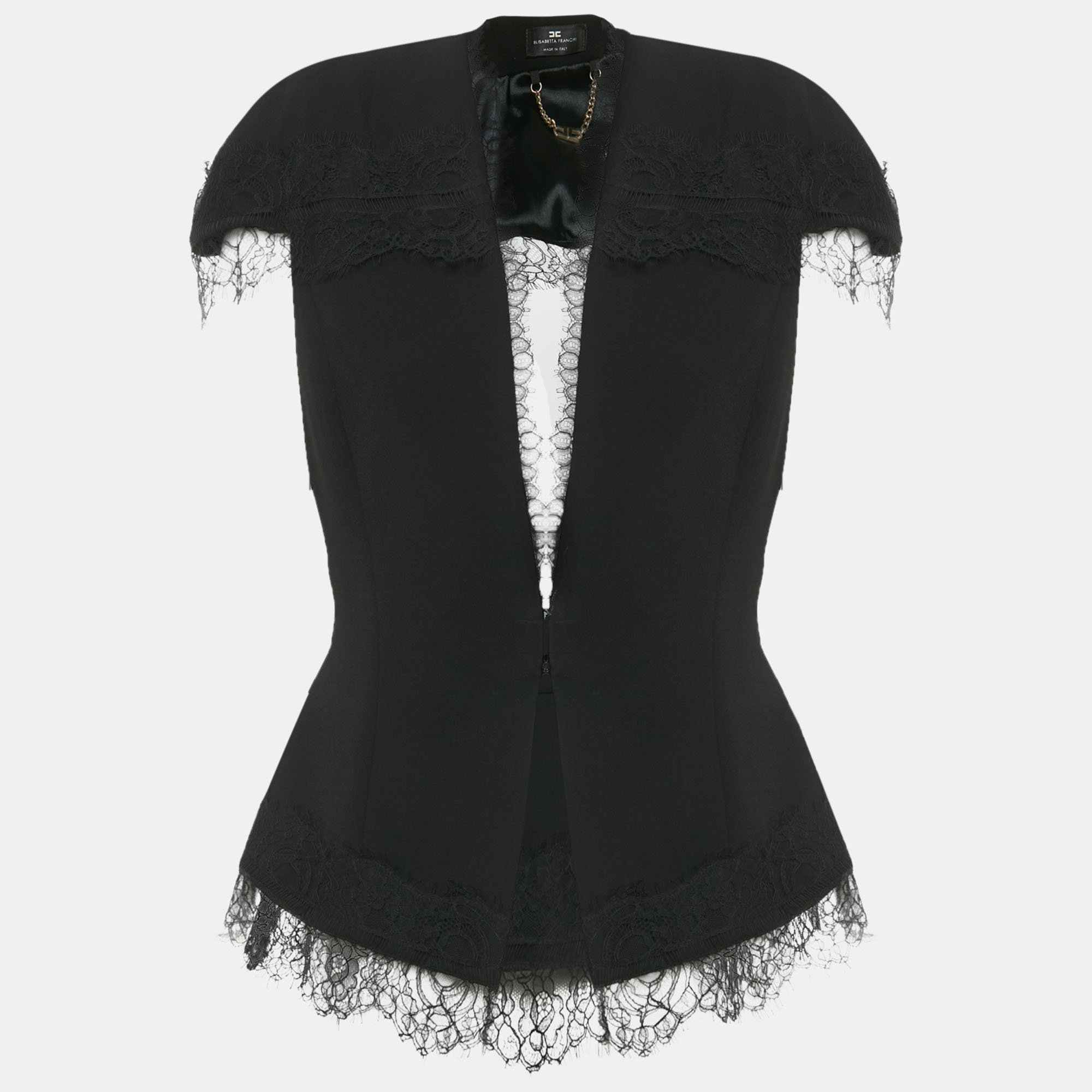 Pre-owned Elisabetta Franchi Black Crepe Lace Detail Cut-out Top L