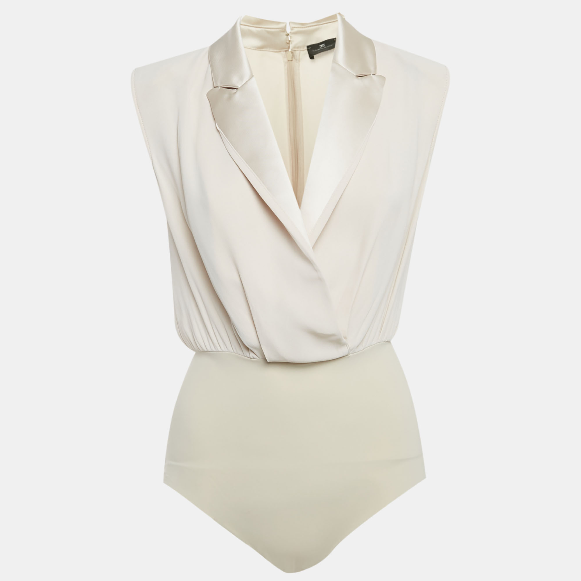 Pre-owned Elisabetta Franchi Beige Crepe Structured Shoulder Bodycon M In Sand