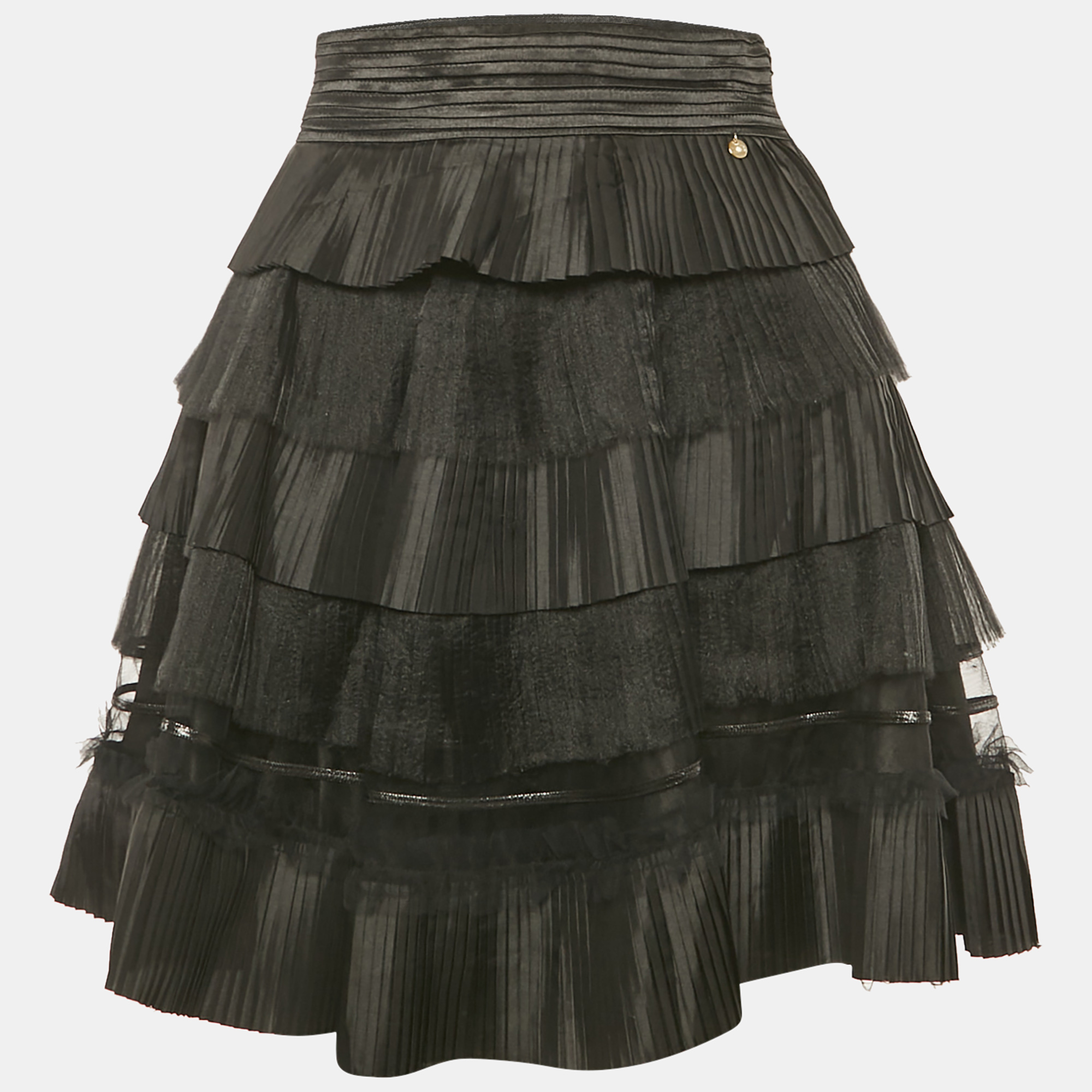 Pre-owned Elisabetta Franchi Black Tulle And Crepe Frill Tiered Mini Skirt M