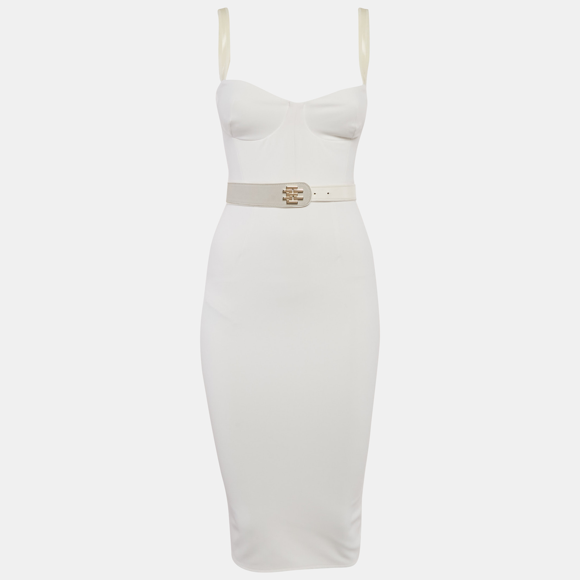 Pre-owned Elisabetta Franchi White Crepe Belted Midi Dress S