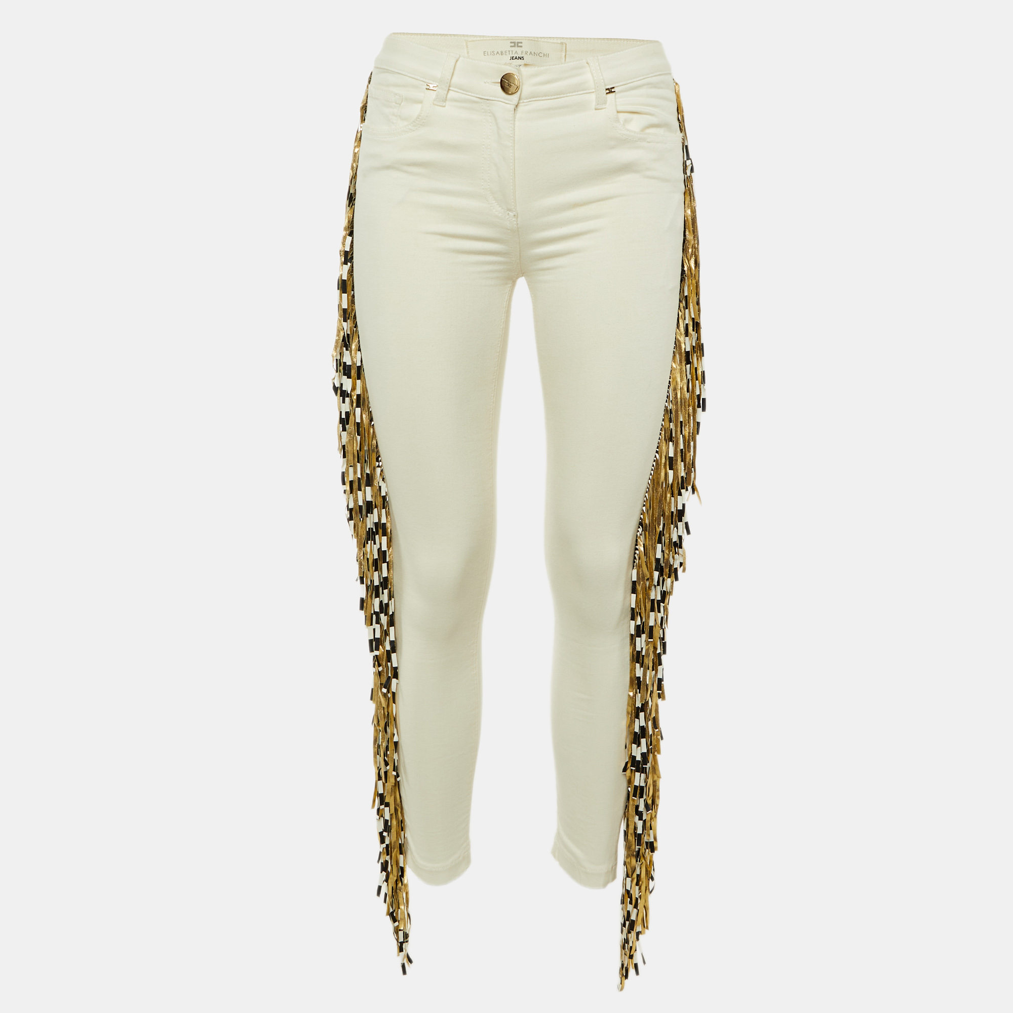 

Elisabetta Franchi Jeans Ivory Denim Fringed Skinny Jeans S/Waist 29", White