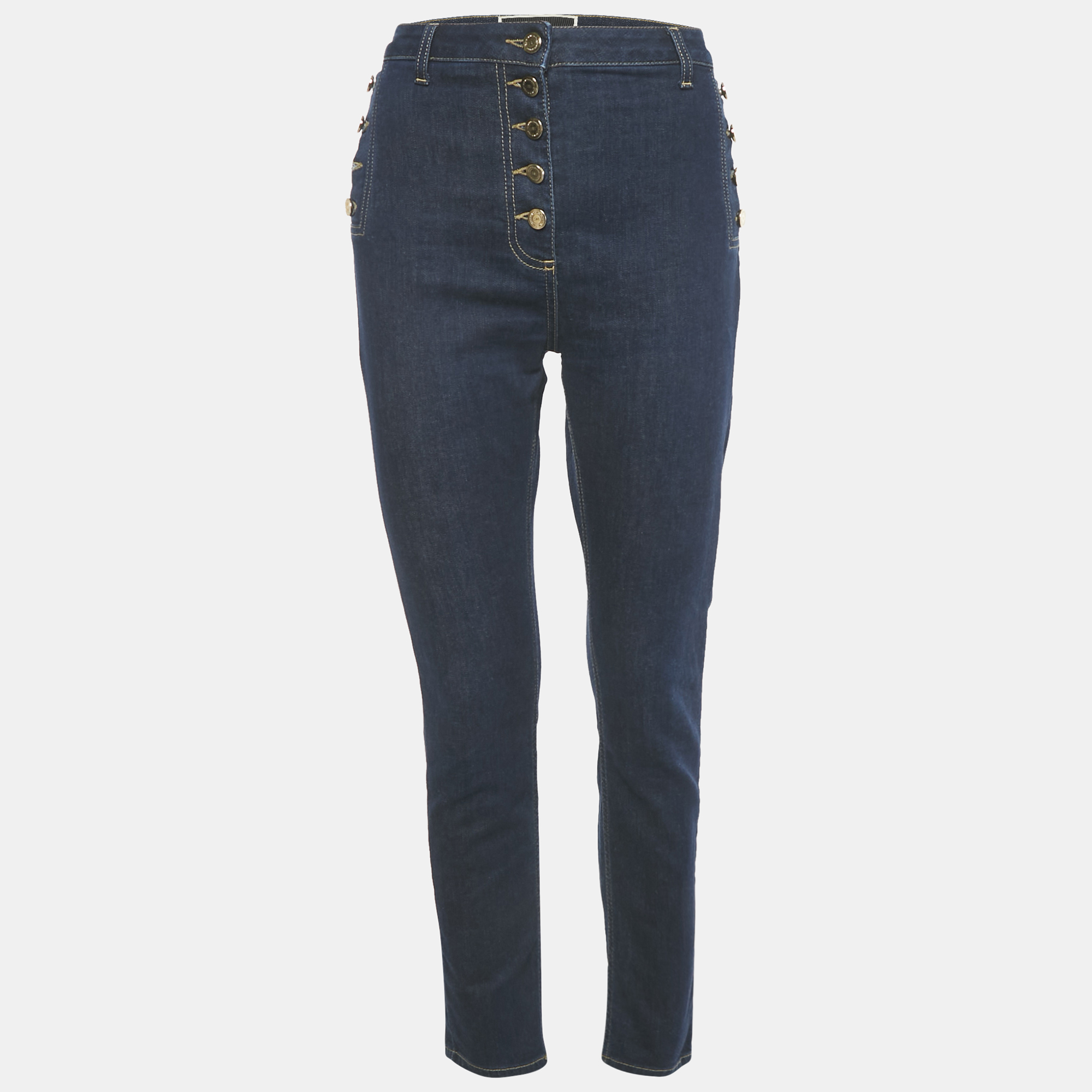 

Elisabetta Franchi Dark Blue Button Detail Denim Skinny Jeans M Waist 29"